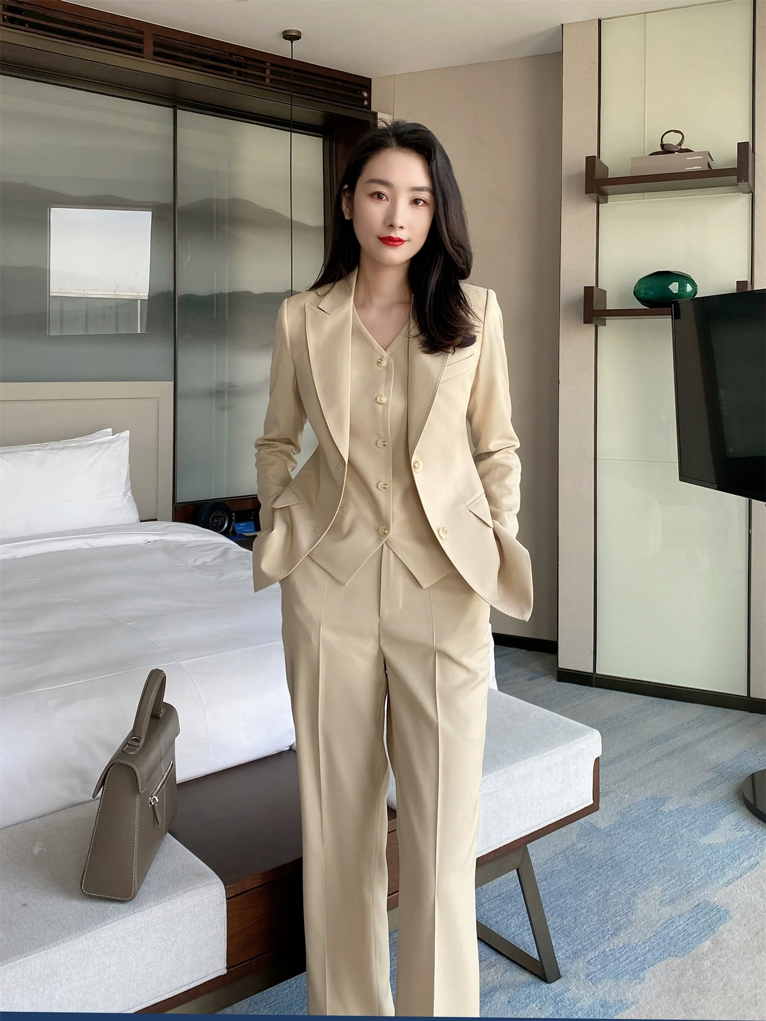 Apricot Woolen Women's Suit Set – Vest & Trousers, Slim Straight Fit - Image 3