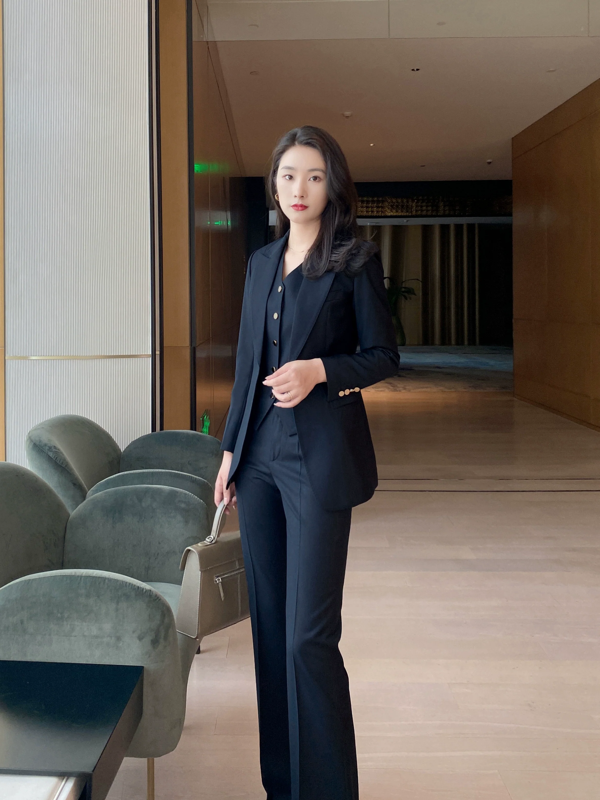 Autumn Classic Blue-Black 3-Piece Suit Set Jacket Vest Flared Trousers - Image 2