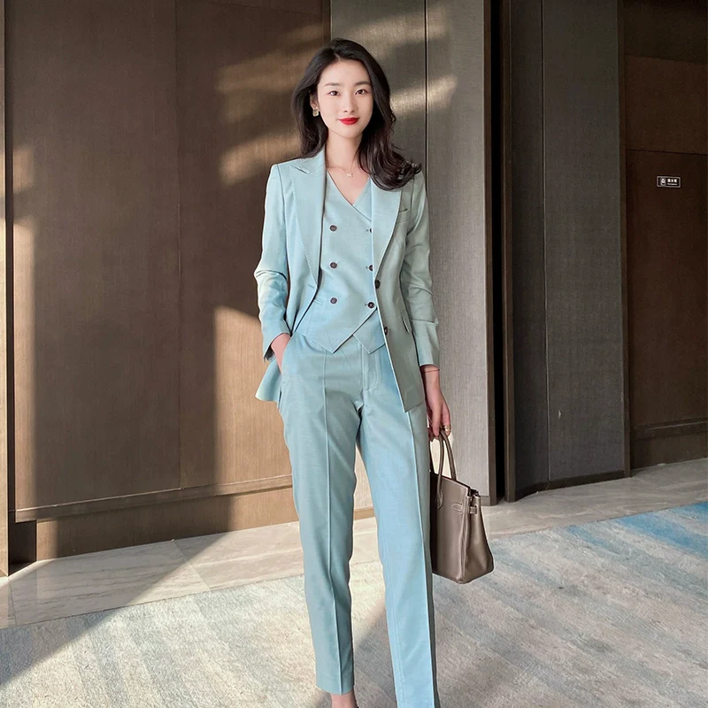 Autumn Slim Fit 3‑Piece Women’s Suit Set in Celadon Blue - Image 6