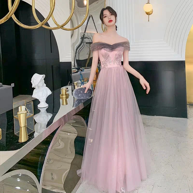 Banquet evening dress female new pink word shoulder long paragraph noble fairy temperament birthday party dress