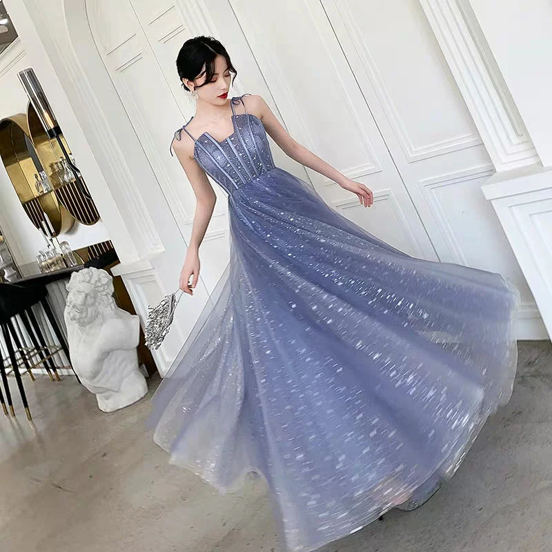 Banquet evening dress new temperament blue sling long starry sky dream party dress dress female - Image 2