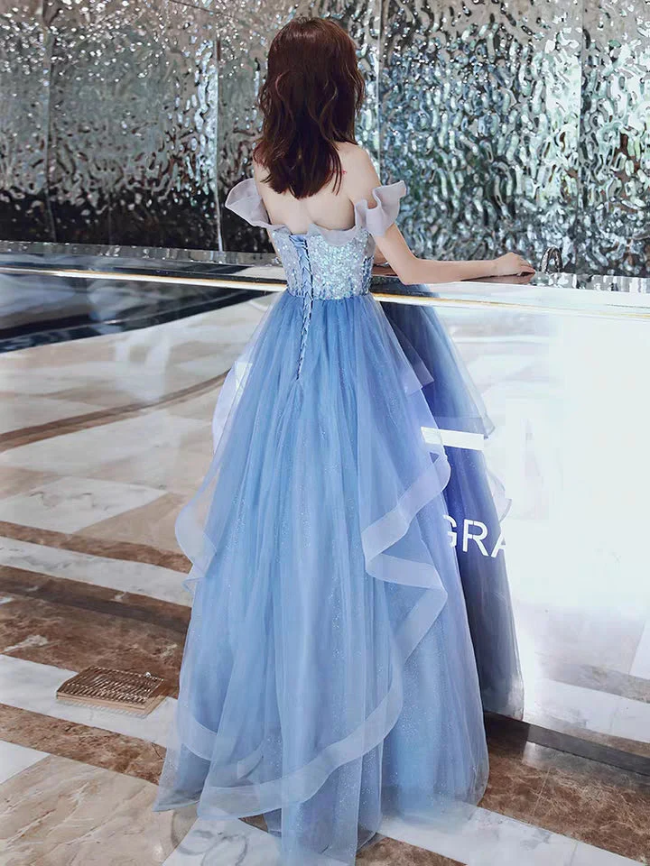 Banquet evening dress new winter temperament blue fairy long paragraph word shoulder sequins annual meeting dress skirt female - Image 5