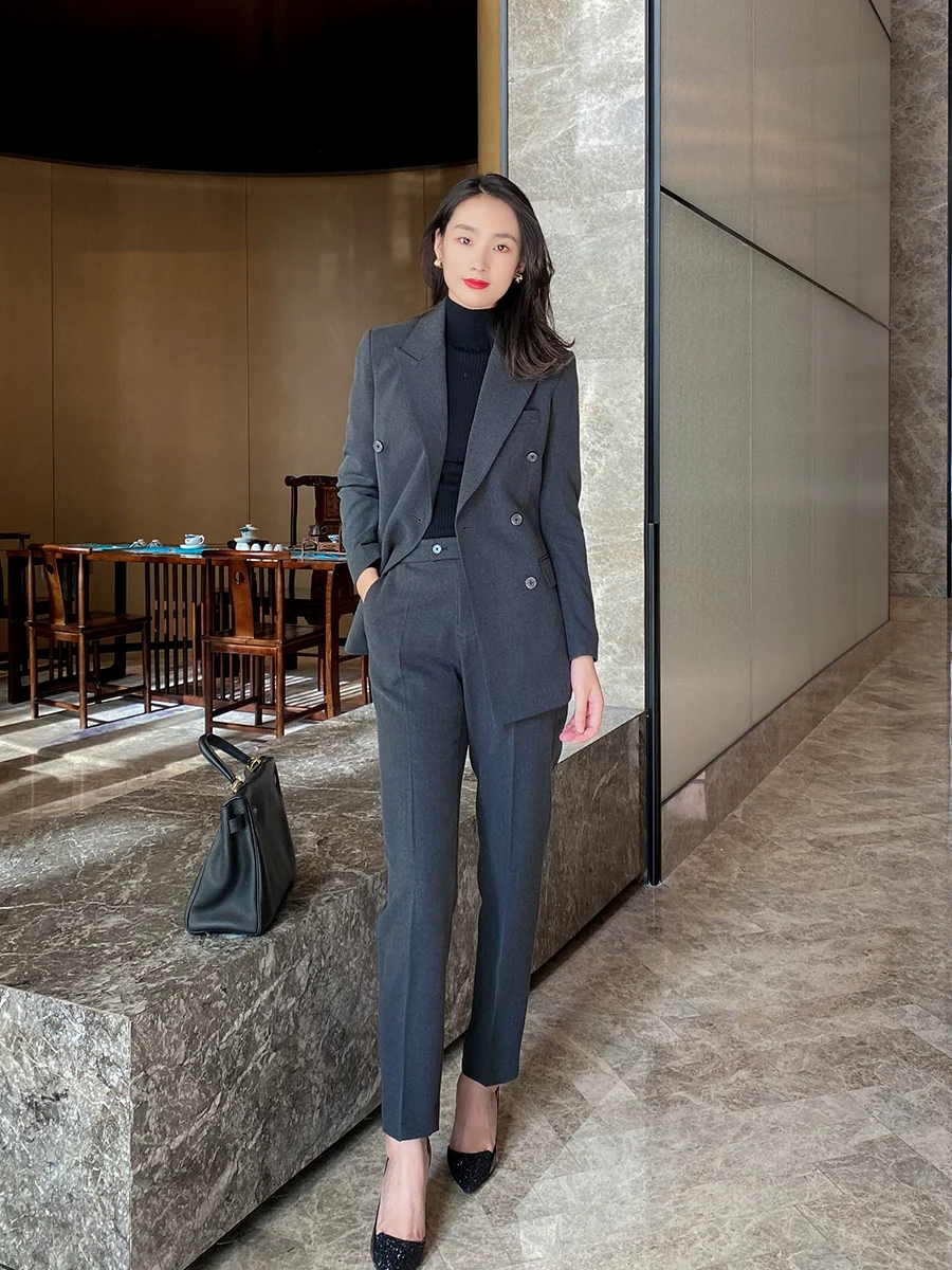 Blue Gray Demi-Season Classic Women's Suit Jacket & Trousers - Image 6
