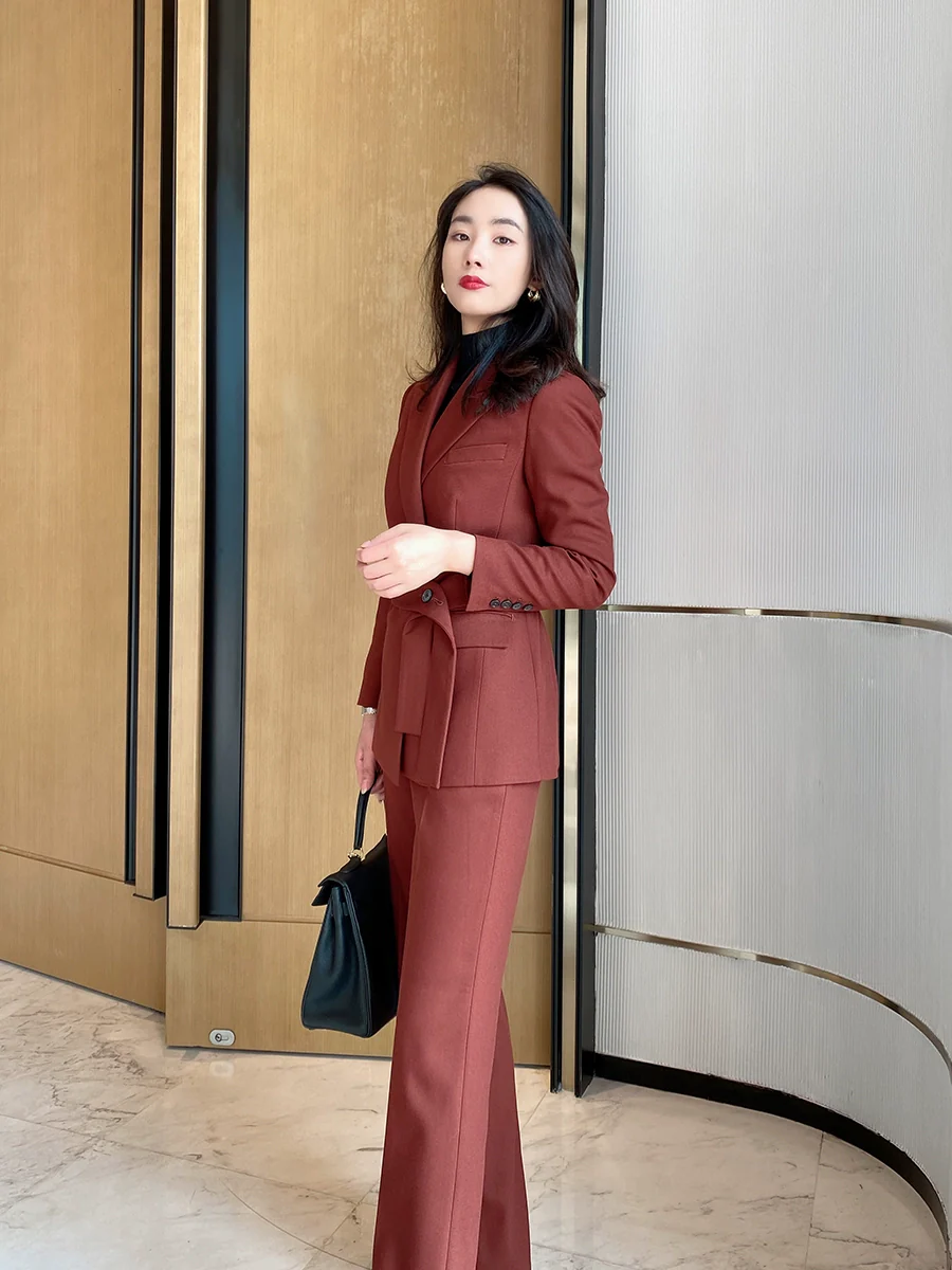 Christmas Red Velvet Women’s Tailored Suit with Flared Trousers - Image 3