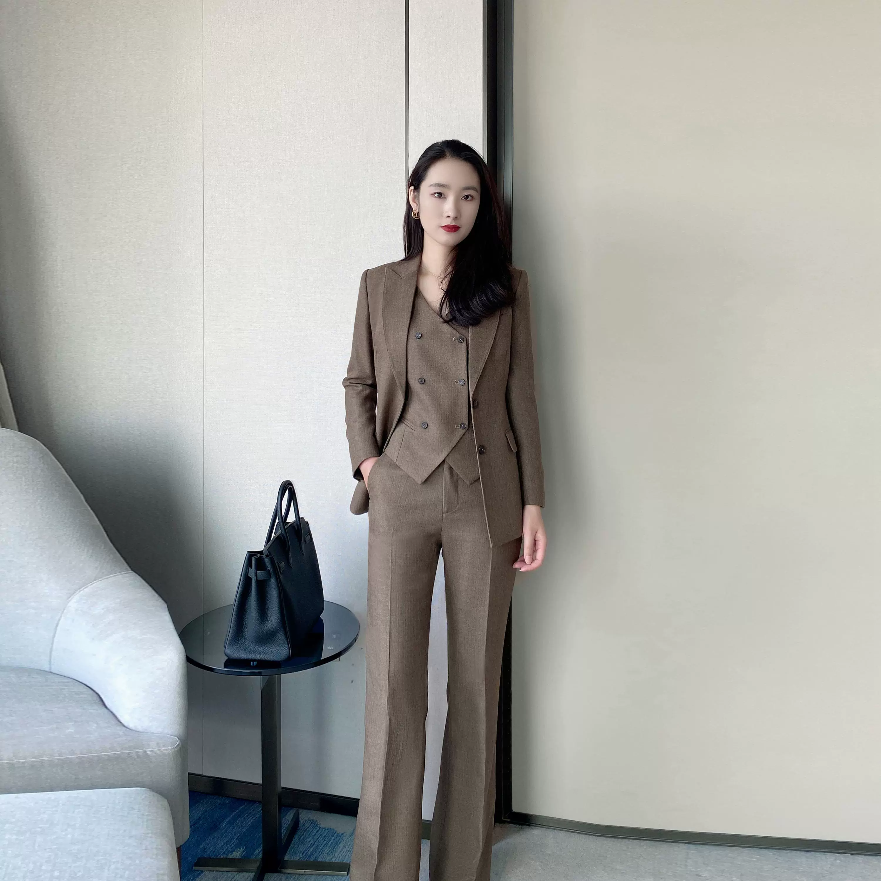 Coffee-Colored Elegant Women's Winter Suit Set – Jacket Vest Flared Trousers