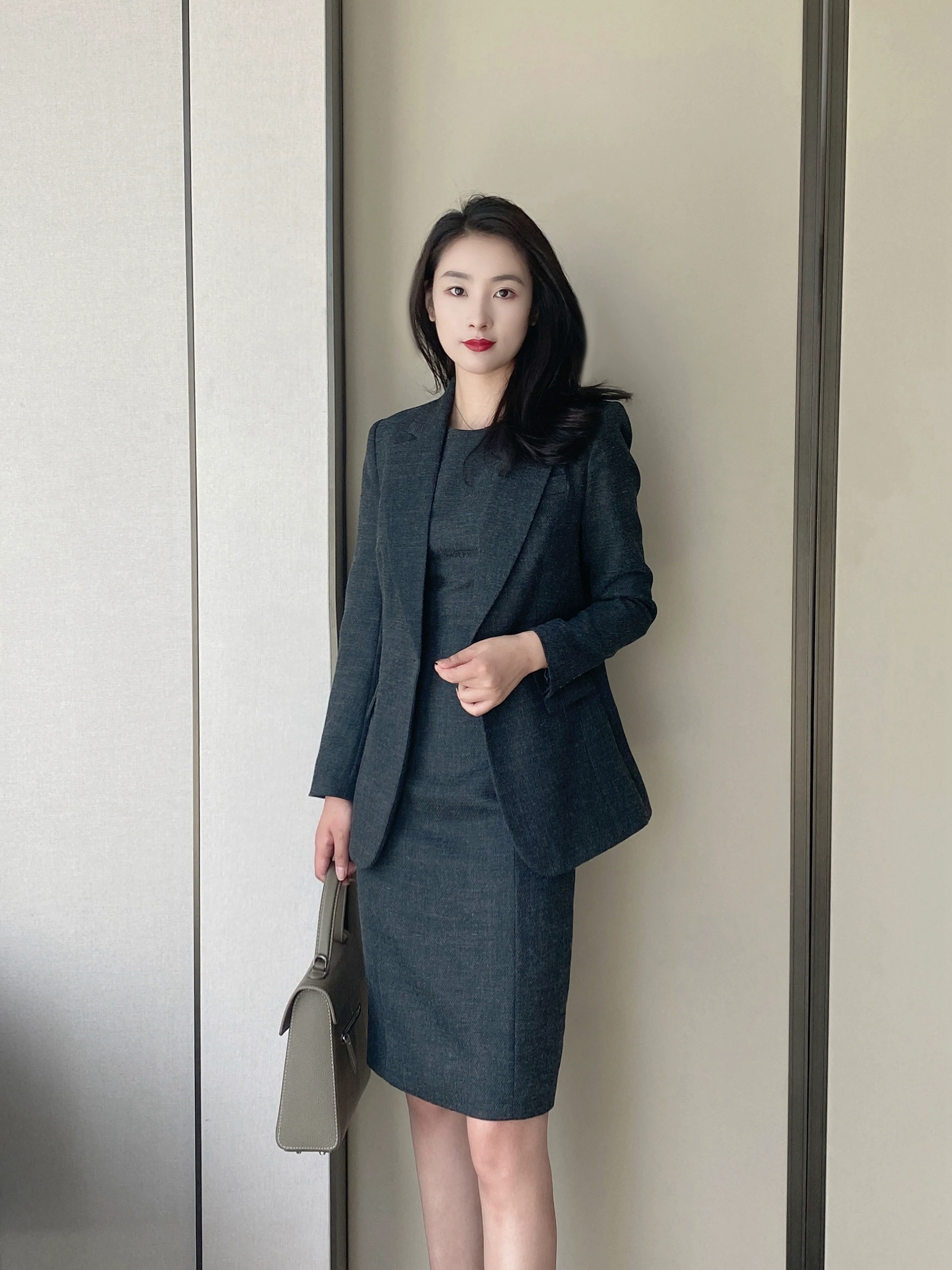 Dark Gray Demi-Season Fitted Dress, Skirt & Jacket Set - Image 2