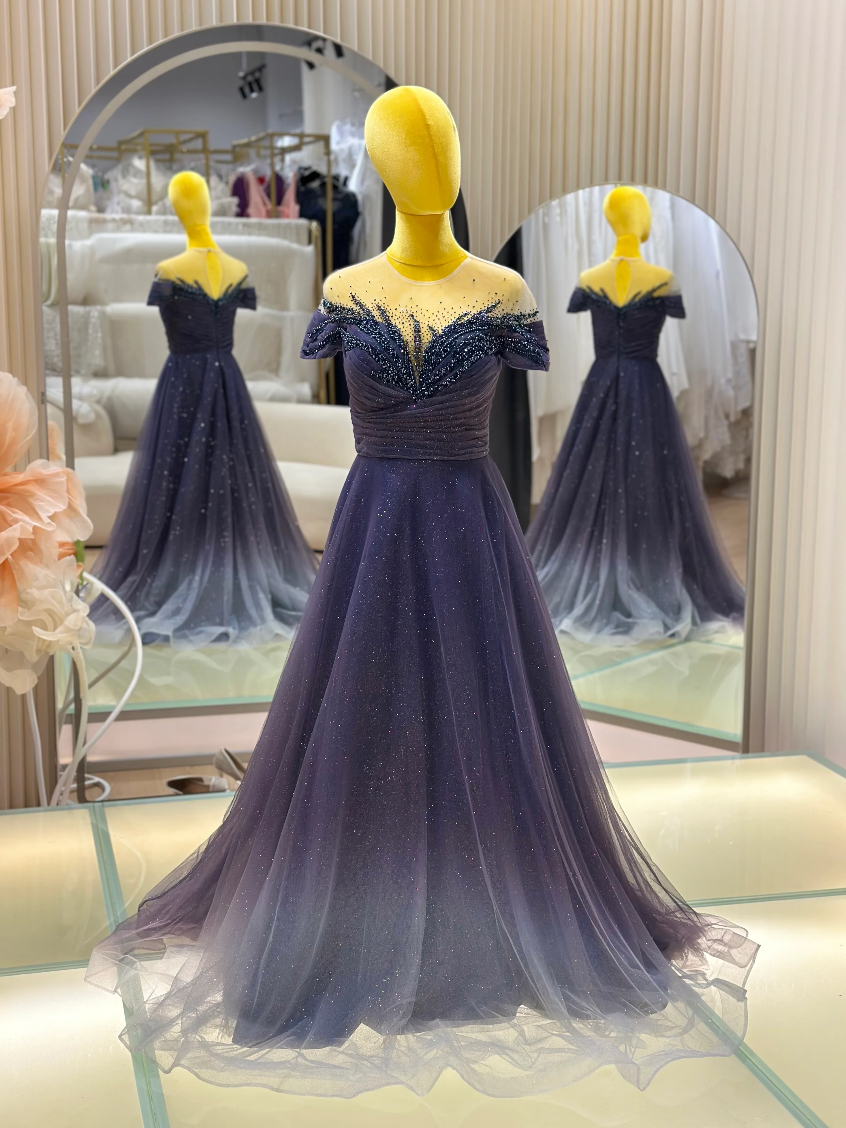 Midnight Gold Lace Beaded Evening Gown | Ready-to-Wear
