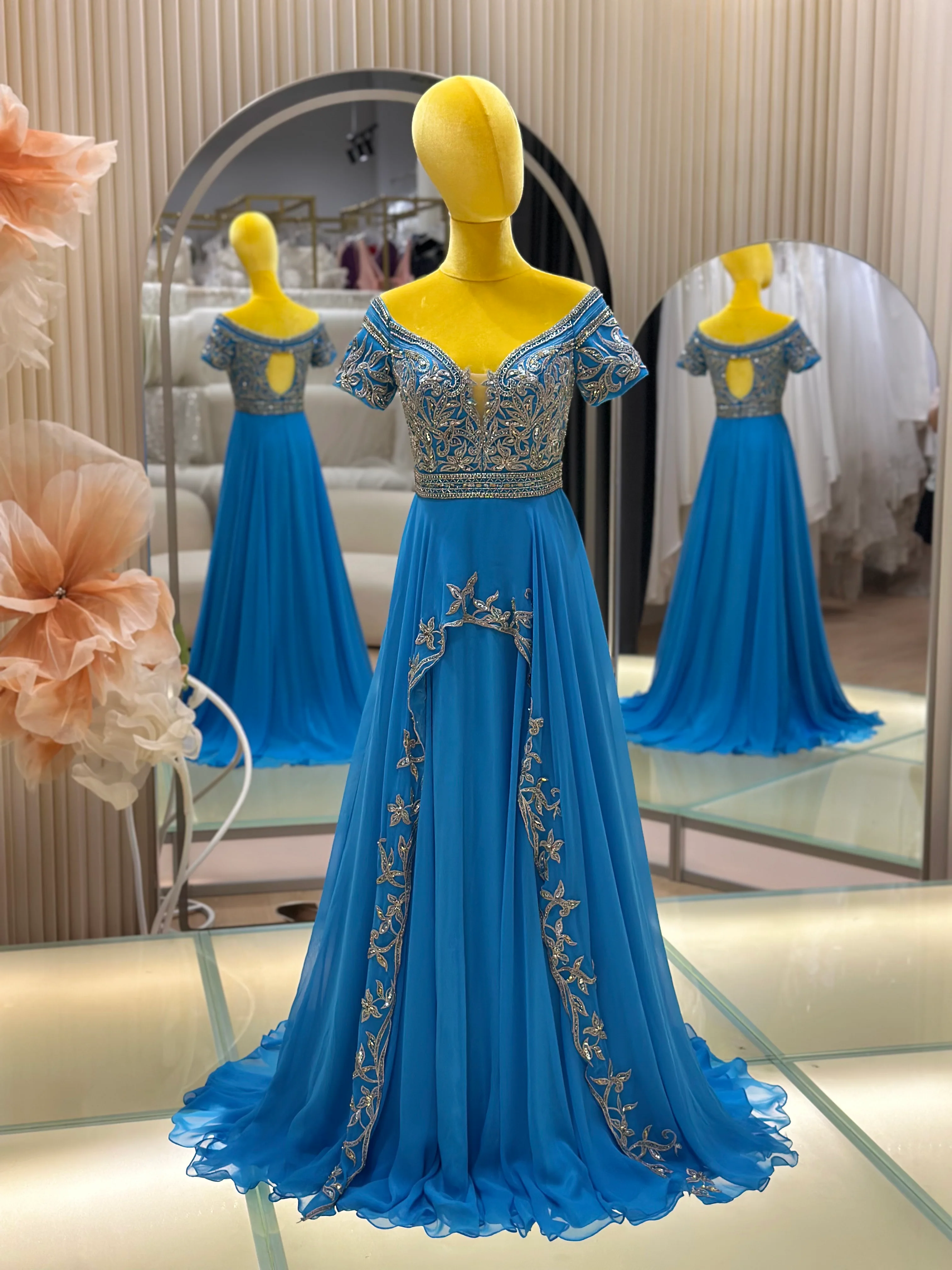 Royal Azure Beaded Lace Evening Gown | Ready-to-Wear