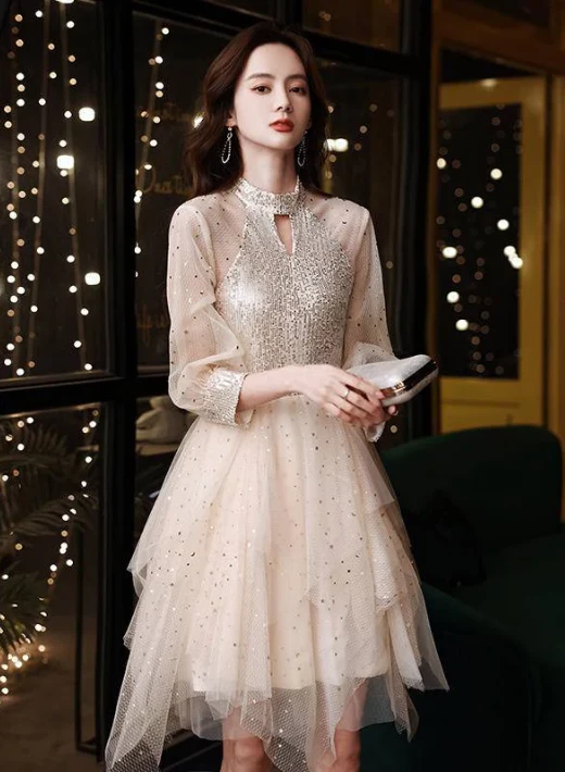EG-SALE-AME-00120 French Lemondtajoes champagne evening dress for women, banquet, petite, high-quality art exam dress - Image 3