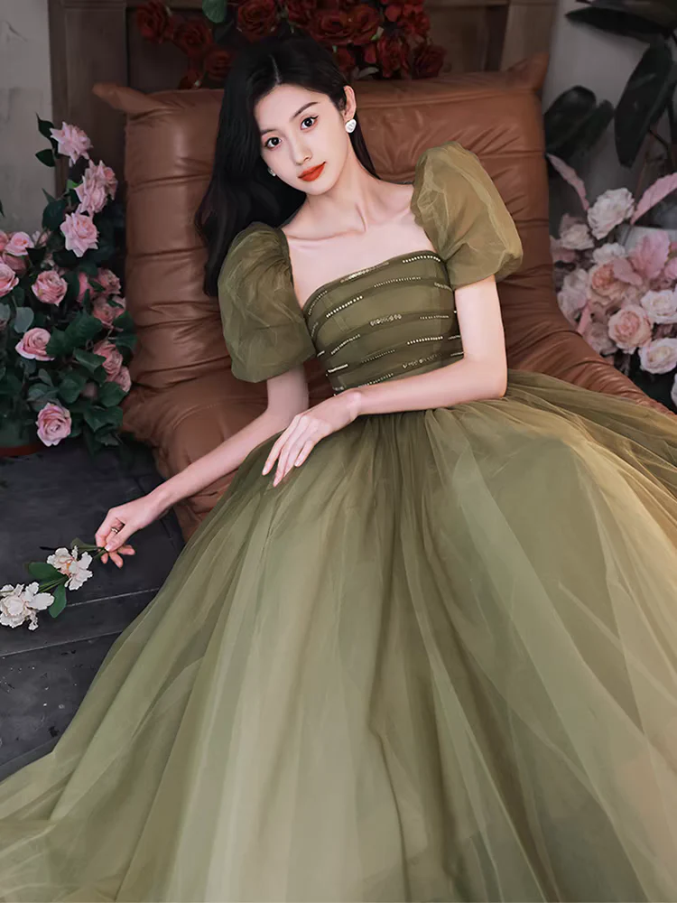 EG-SALE-AME-00181 Forest style evening dress for women light luxury high-end fairytale aesthetic olive green tone, puff sleeves, and flowing tulle skirt - Image 4
