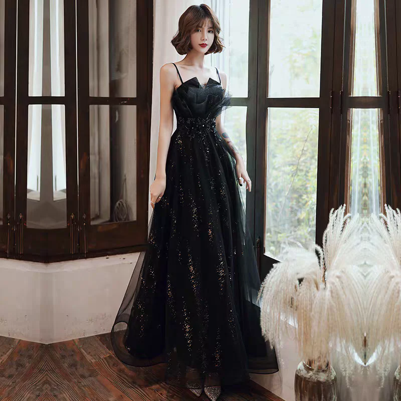 EG-SALE-AME-00195 new black long evening dress ,backless dress host suspender evening dress female