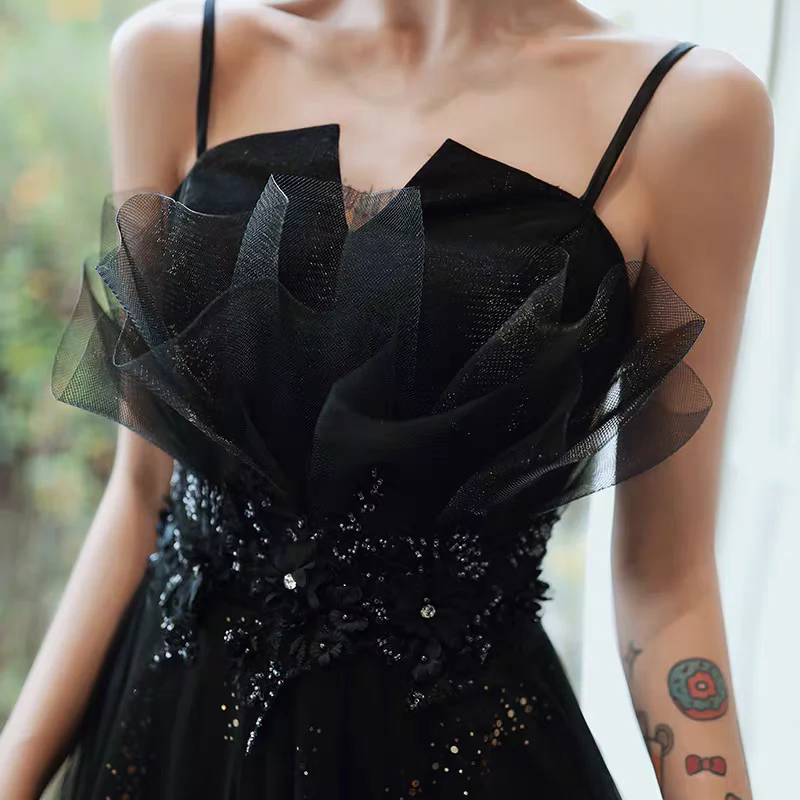 EG-SALE-AME-00195 new black long evening dress ,backless dress host suspender evening dress female - Image 2
