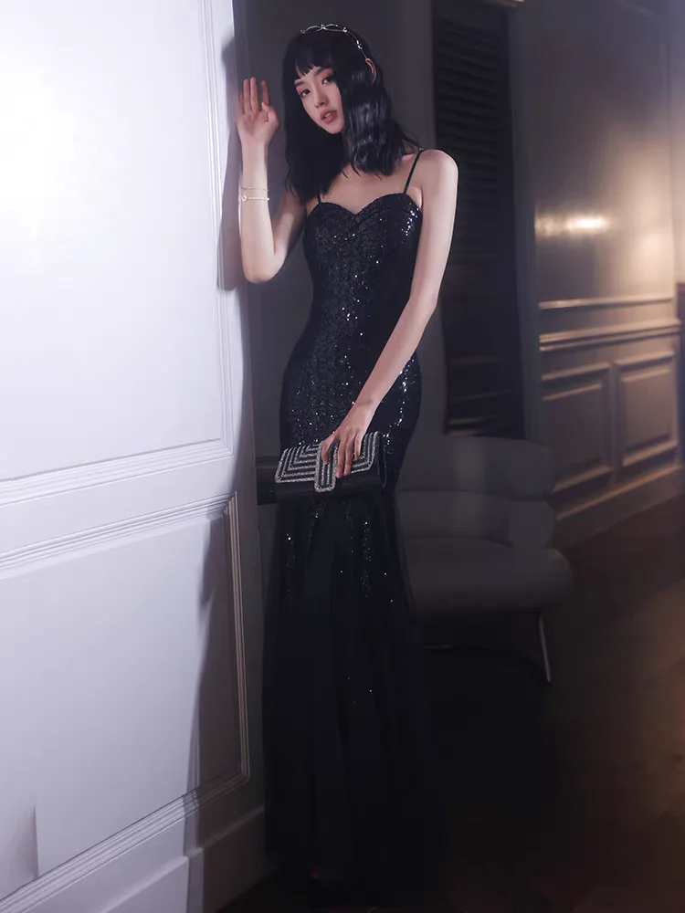 EG-SALE-AME-00107 Black sequined evening dress for women new style high-end luxury niche high-end temperament banquet sling fishtail - Image 3