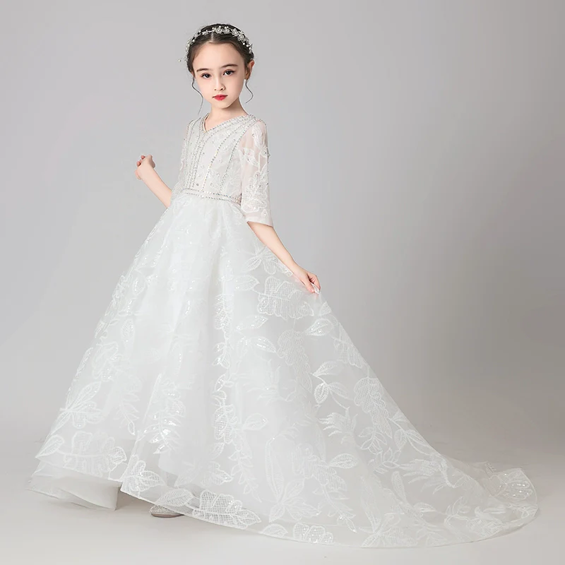 Elegant Flower Girl Dress Extra-Long Wedding Princess Costume Evening Gown - Image 6