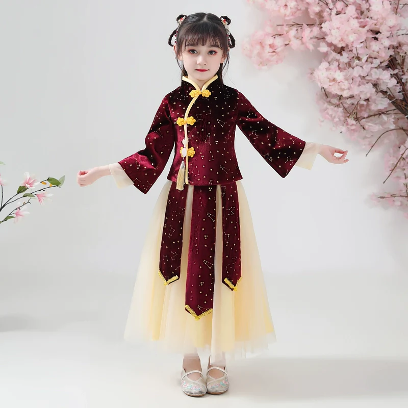 Elegant Girls' Chinese Hanfu Dress Autumn Spring Cheongsam Traditional Performance Outfit