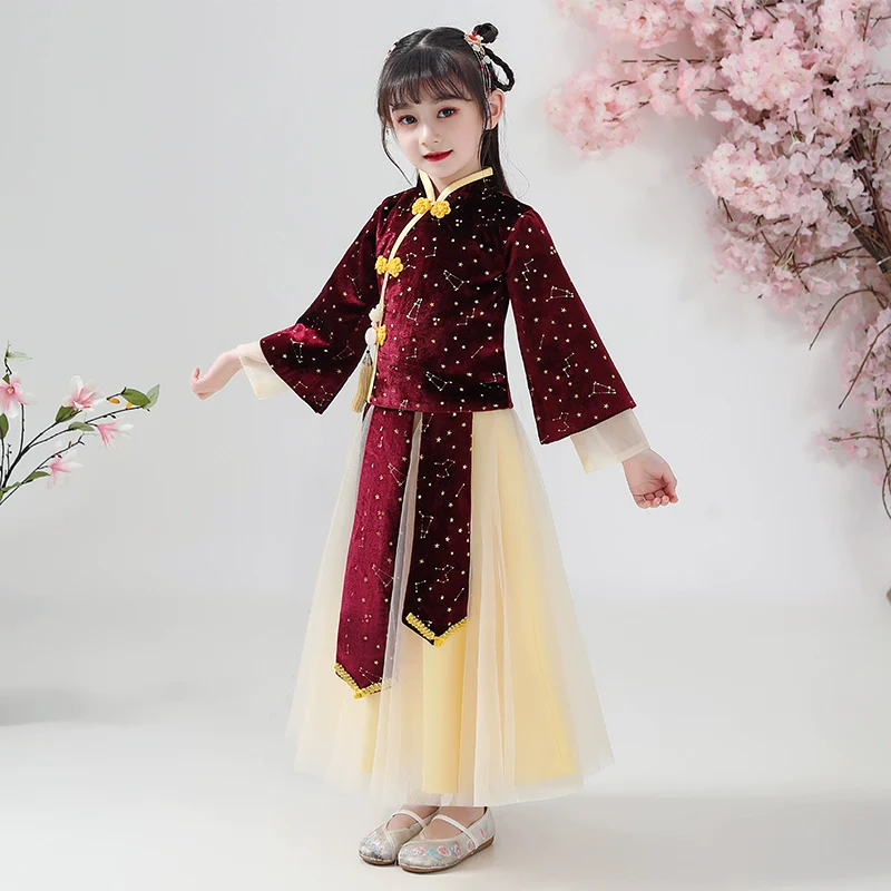 Elegant Girls' Chinese Hanfu Dress Autumn Spring Cheongsam Traditional Performance Outfit - Image 2