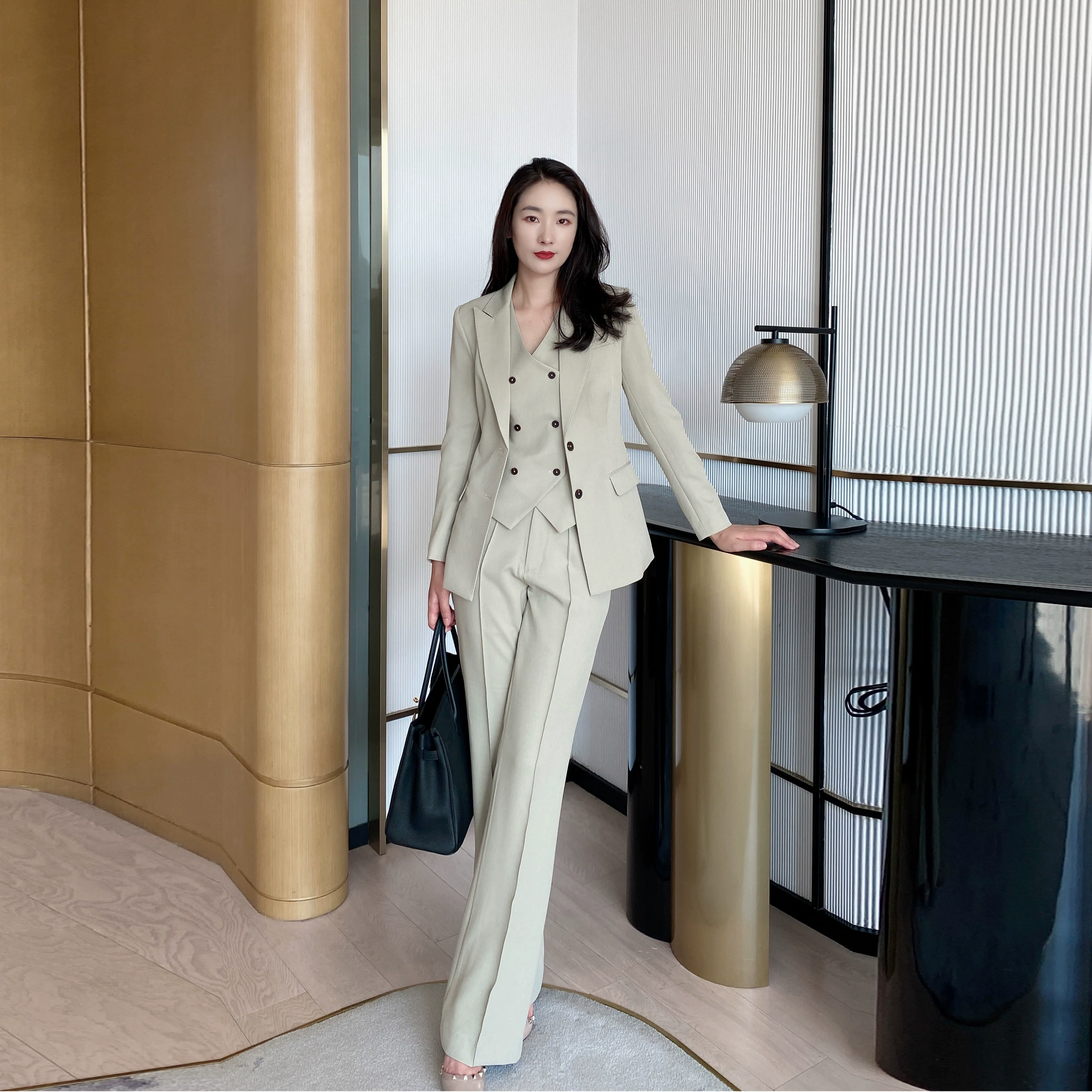 Elegant Khaki Women's Three-Piece Suit with Jacket Vest Flared Trousers - Image 2