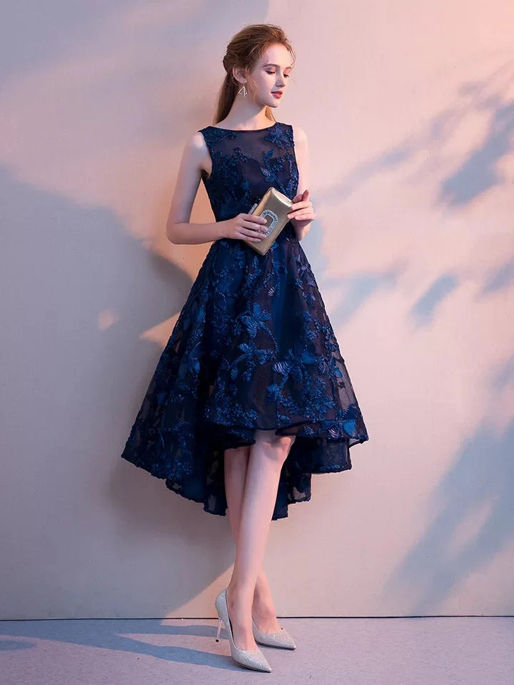 Elegant Navy blue Appliques high low Long Evening Dresses prom gowns special occasion Formal Party dress vestido de festa