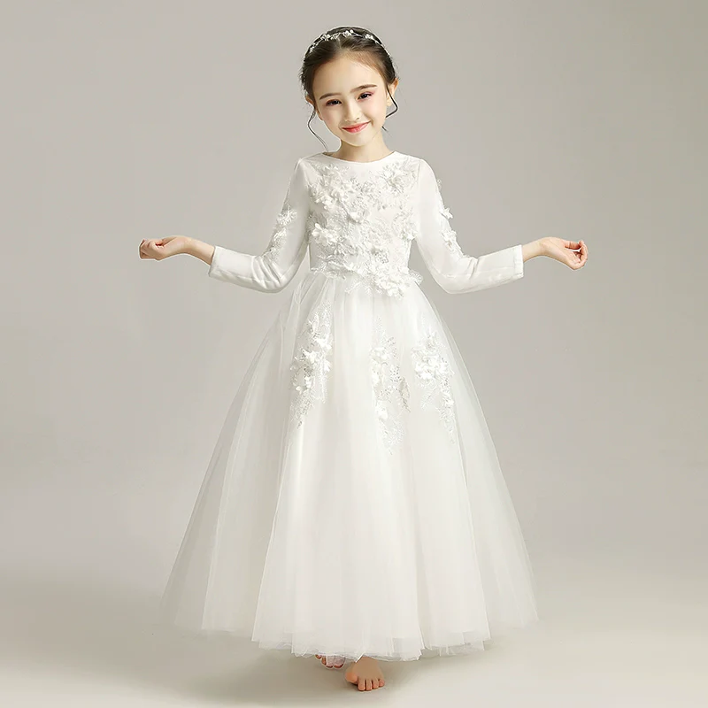 Elegant Princess Flower Girl Dress: Long-Sleeve Fleece Wedding Performance Gown