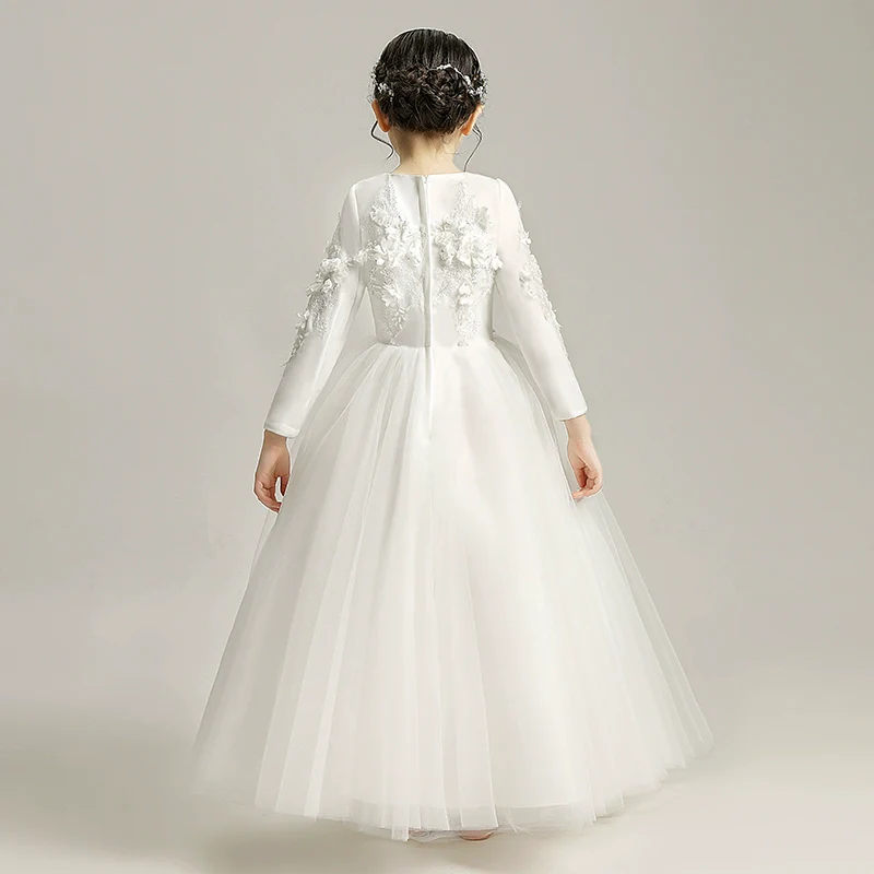 Elegant Princess Flower Girl Dress: Long-Sleeve Fleece Wedding Performance Gown - Image 4