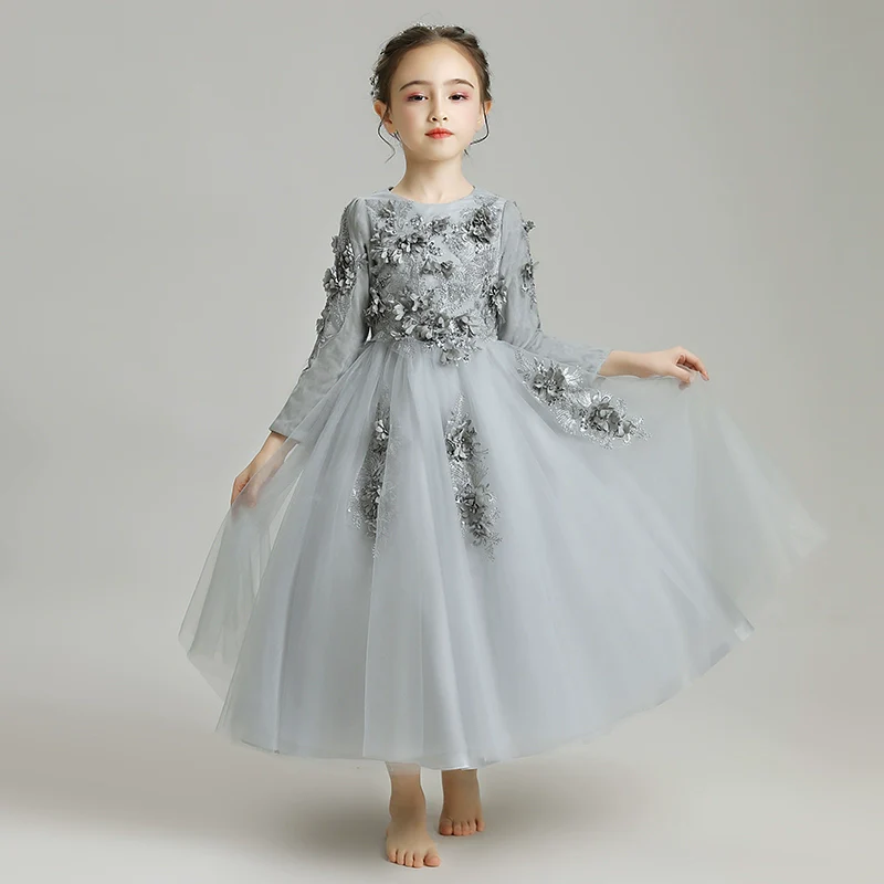 Elegant Princess Flower Girl Dress: Long-Sleeve Fleece Wedding Performance Gown - Image 8