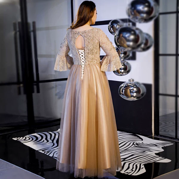 Elegant V Neck Coffee Long Evening Dress - Image 3