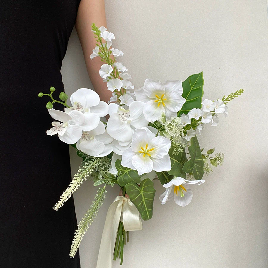 Elegant White & Green Phalaenopsis Bridal Bouquet Fresh Natural Silk Flowers - Image 6