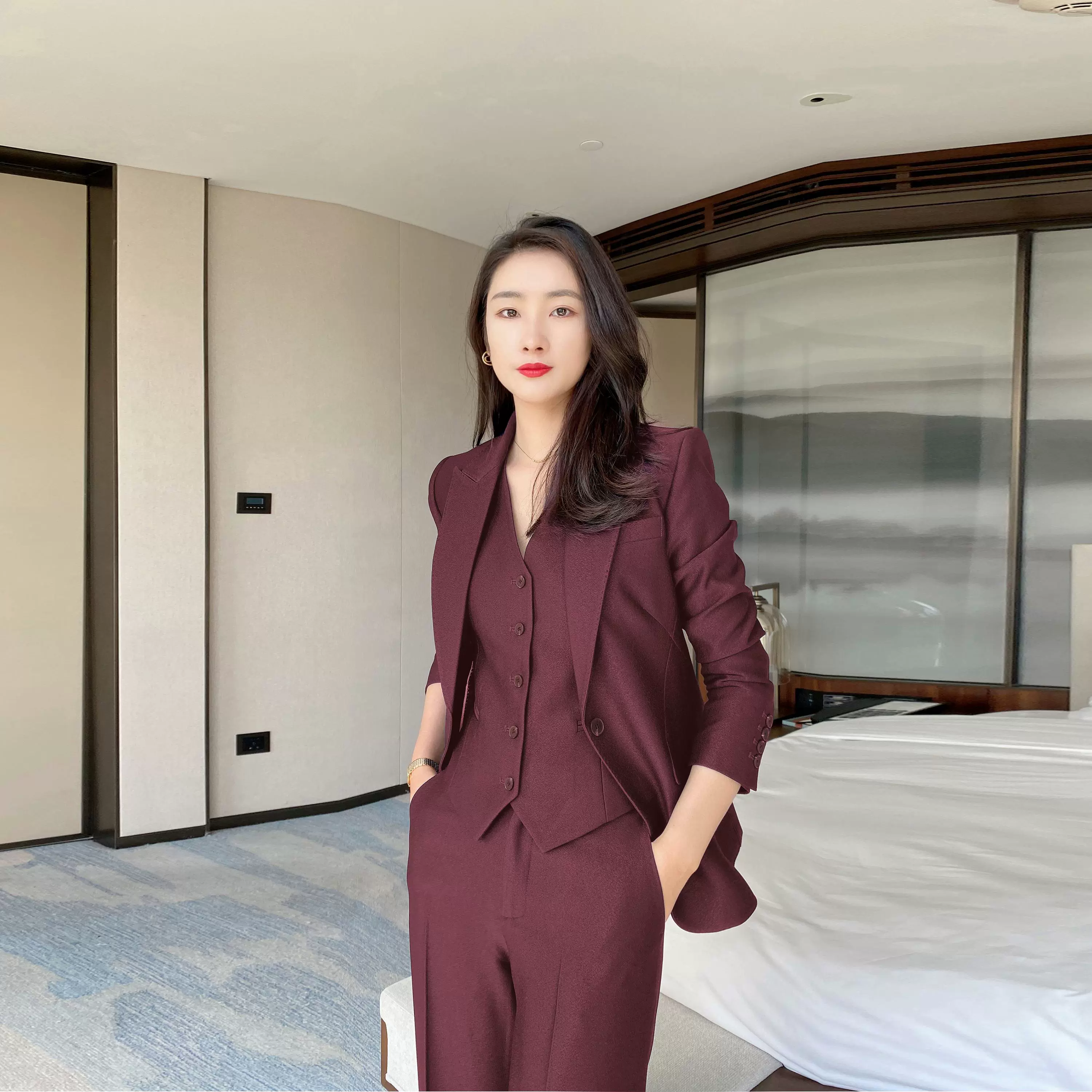 Elegant Winter Suit Set with Red Vest and Trousers - Image 5