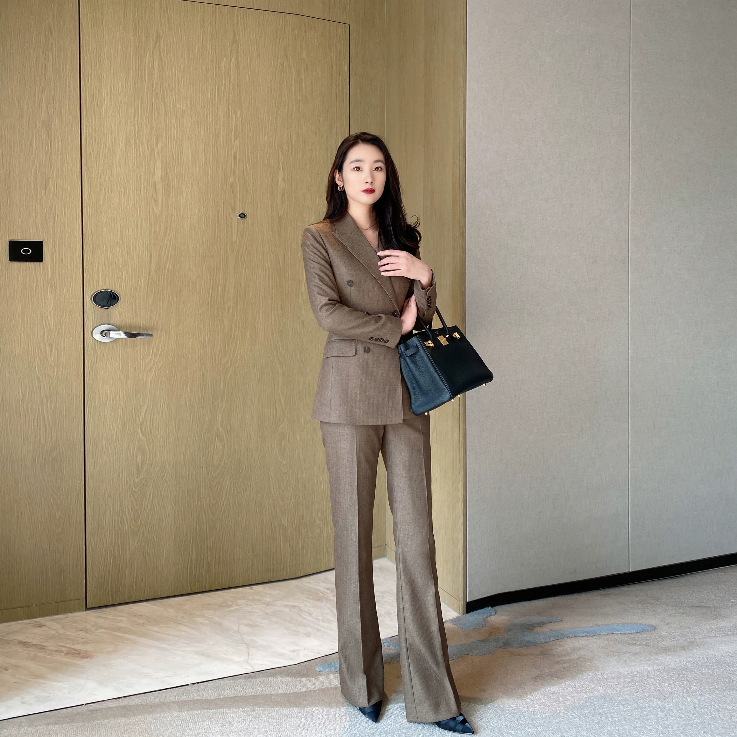 Elegant Winter Woolen Suit with Flared Trousers Classic Coffee Color - Image 6
