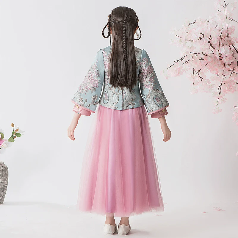 Elite Long Sleeve Children's Hanfu Cheongsam Traditional Wedding Dress Set - Image 5