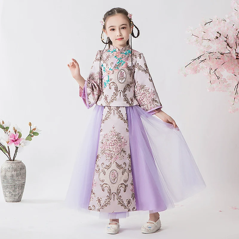 Elite Long Sleeve Children's Hanfu Cheongsam Traditional Wedding Dress Set - Image 8