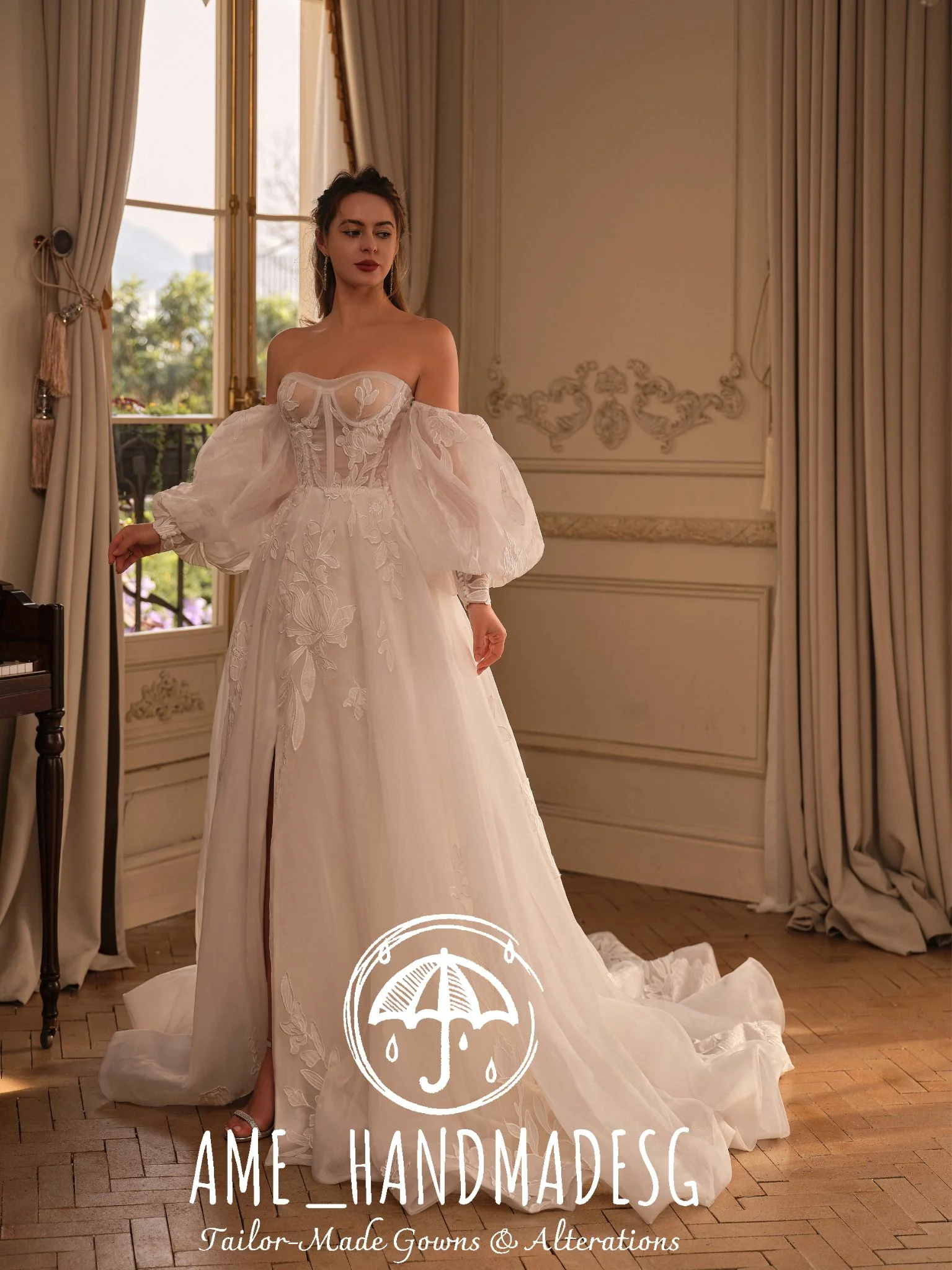 Ethereal Romance: A Handcrafted Off-the-Shoulder Bridal Gown