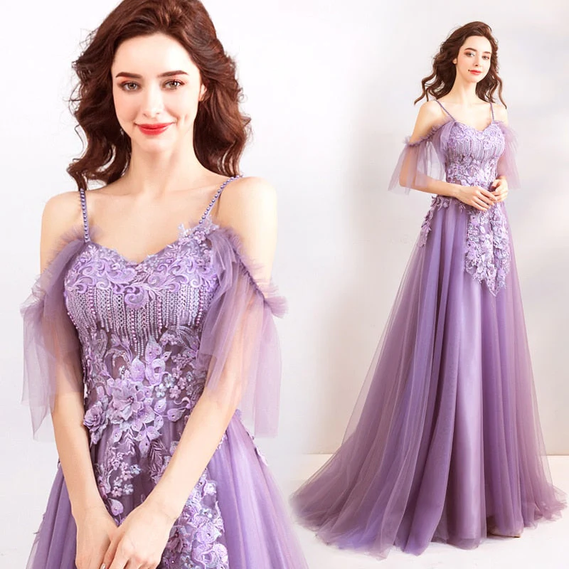 Purple Evening Dress Strapless A-line Tulle Party Evening Dresses Sex Floor-length Short Sleeves Lace up LX807 - Image 5