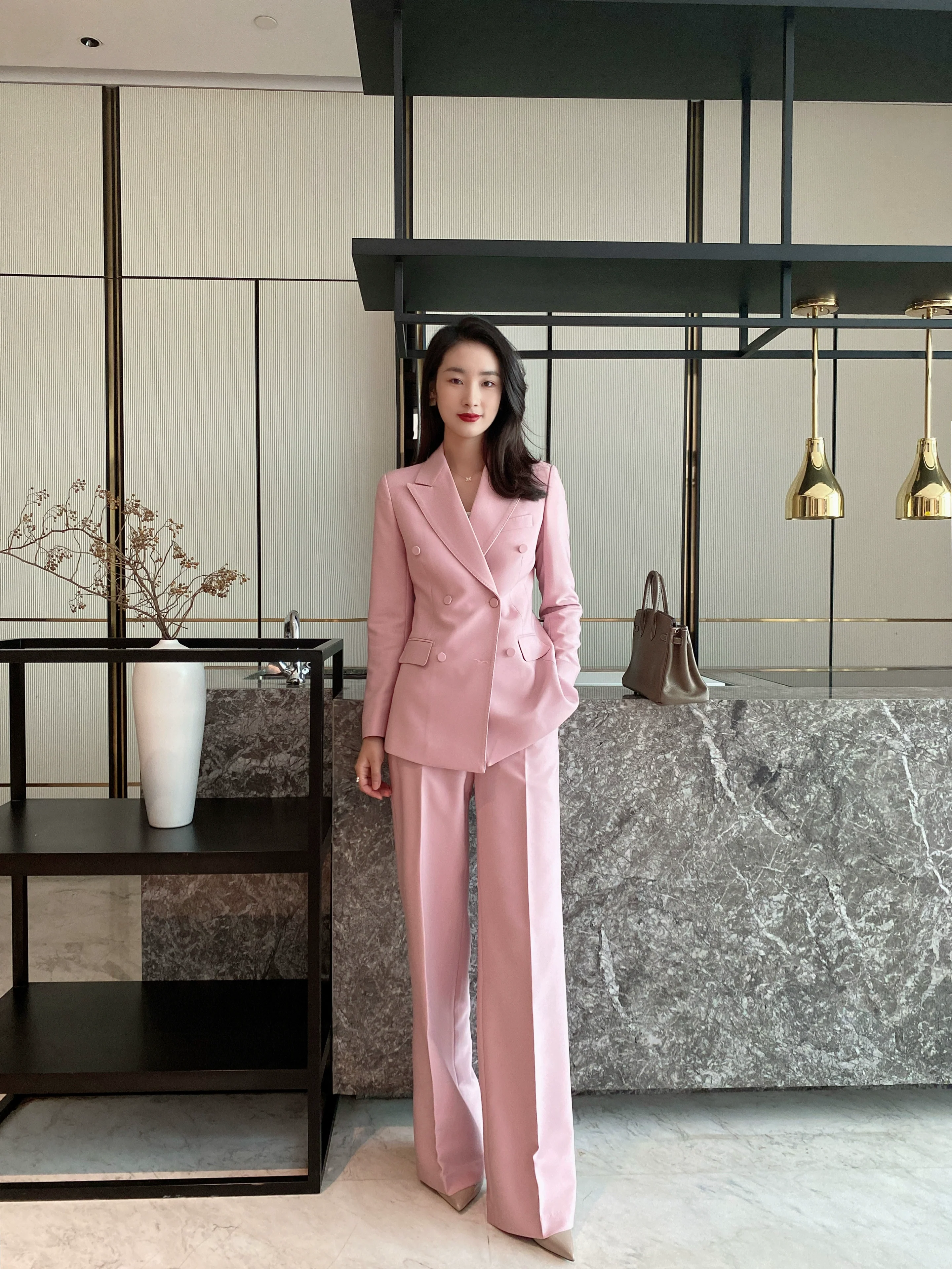 Fuchsia Classic Double-Breasted Suit with High-Waist Wide-Leg Trousers - Image 3