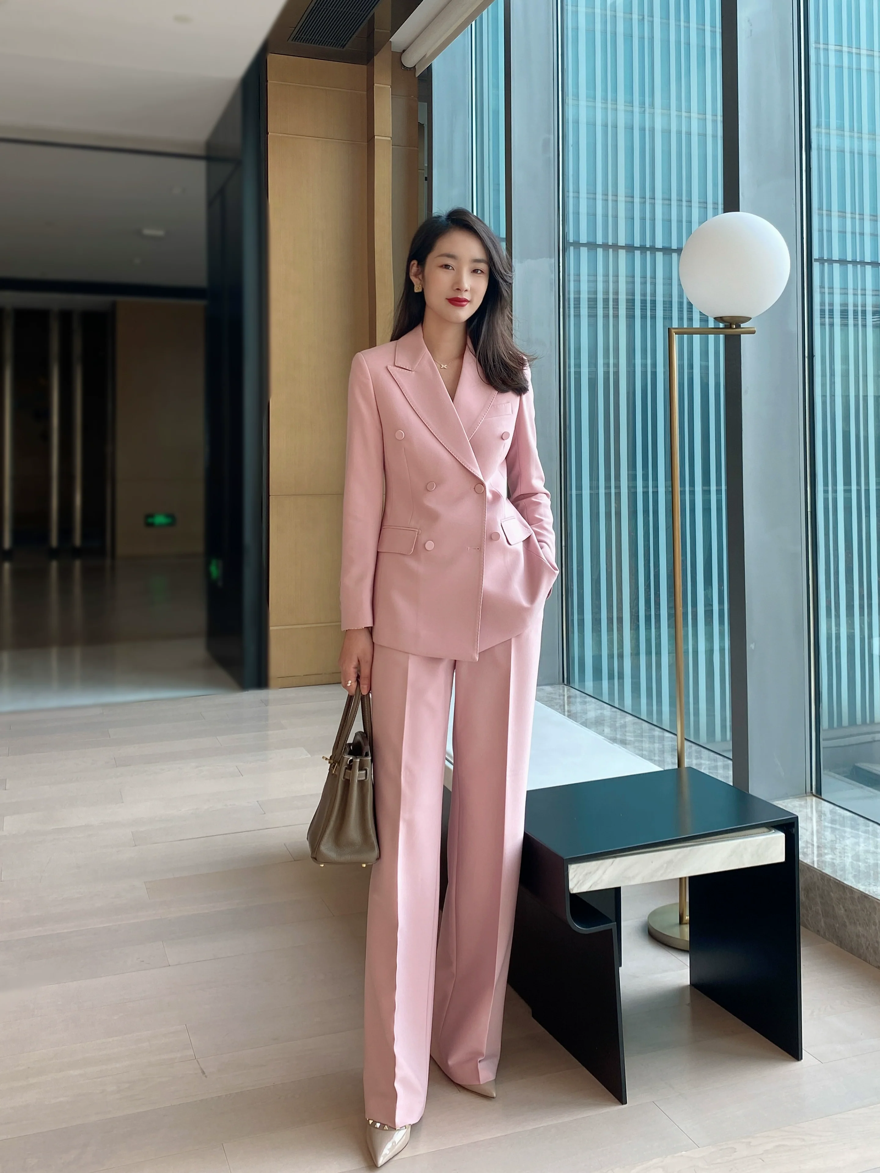Fuchsia Classic Double-Breasted Suit with High-Waist Wide-Leg Trousers - Image 4