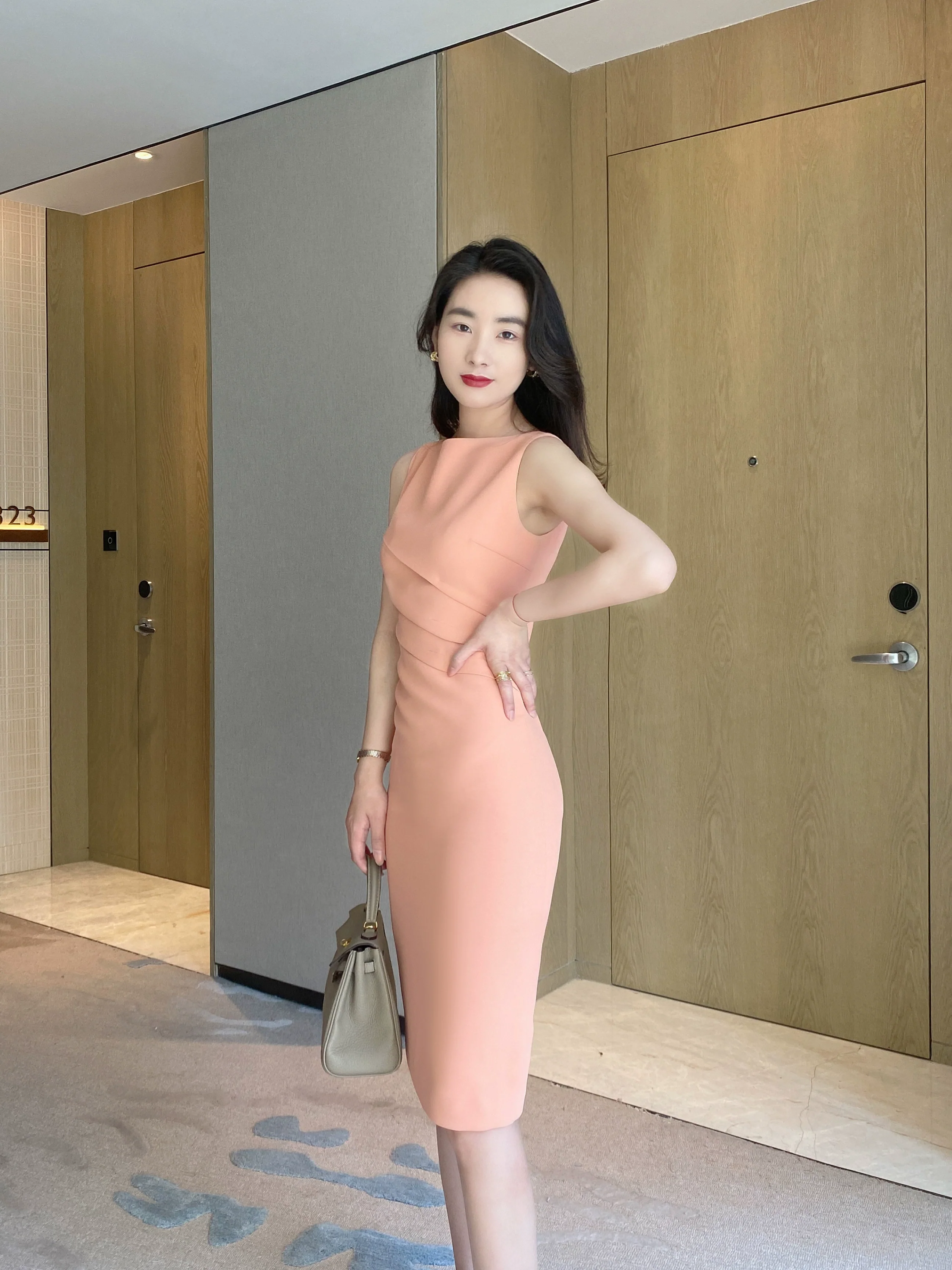 Fuchsia Sleeveless Elegant Fit Dress with Hip Accents - Image 3