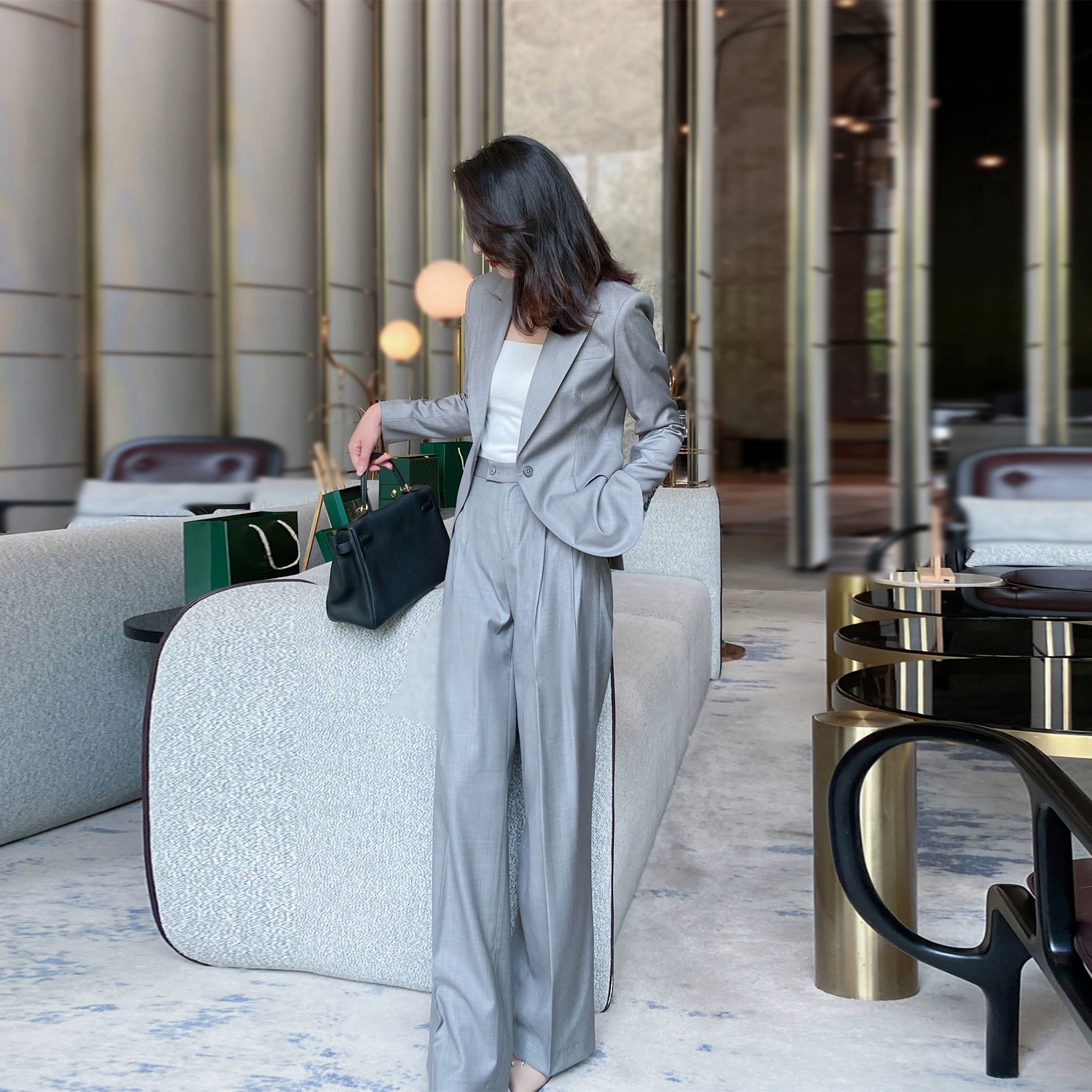 Grey Spring Autumn Unisex Classic Suit Jacket with Wide-Leg Trousers - Image 2