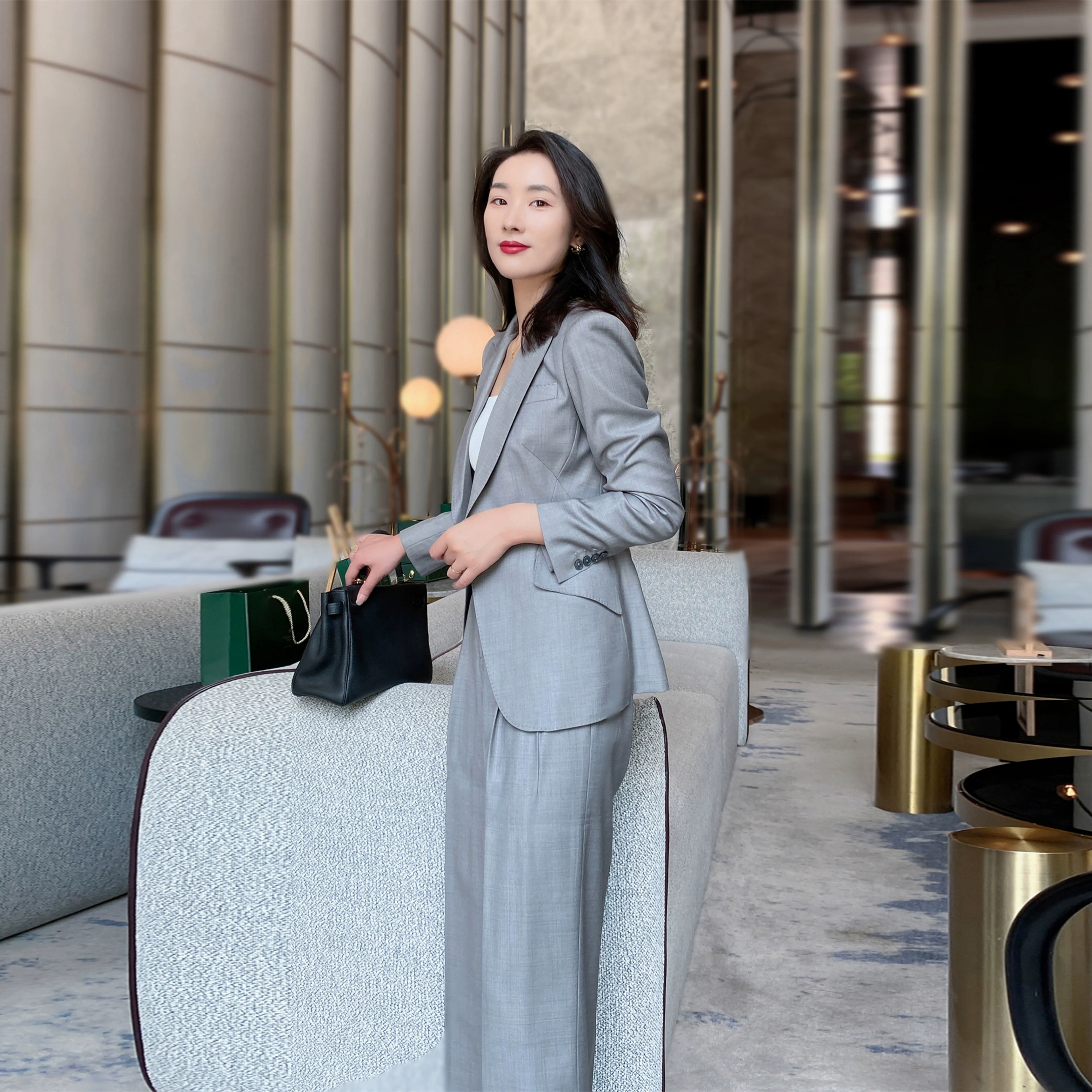 Grey Spring Autumn Unisex Classic Suit Jacket with Wide-Leg Trousers - Image 3