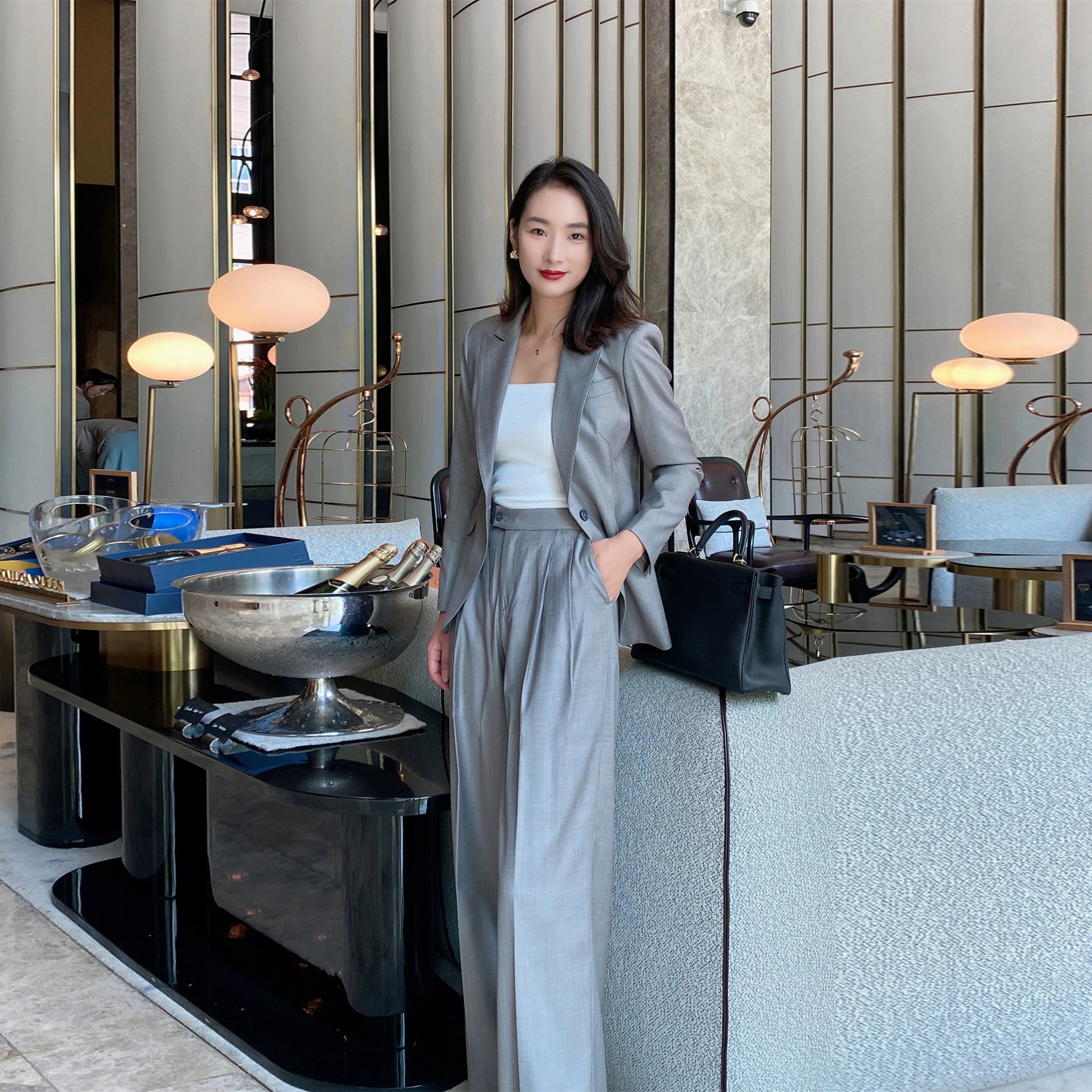 Grey Spring Autumn Unisex Classic Suit Jacket with Wide-Leg Trousers - Image 5