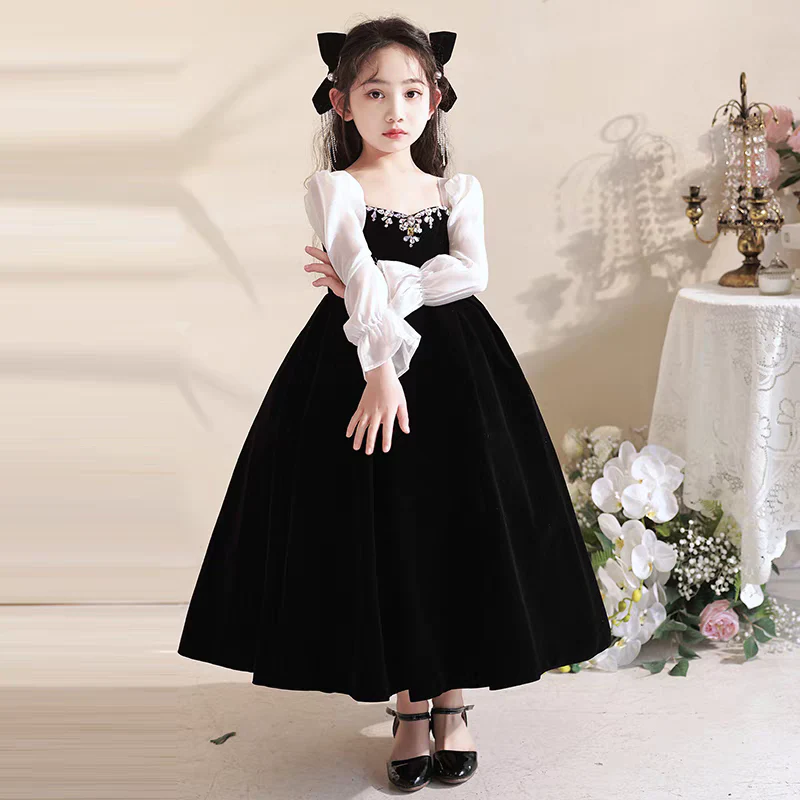 EG-SALE-AME-00143 Handmade Black Princess Dress - High-End Girls' Evening Gown for Birthday, Piano, and Special Occasions - Ame Handmadesg