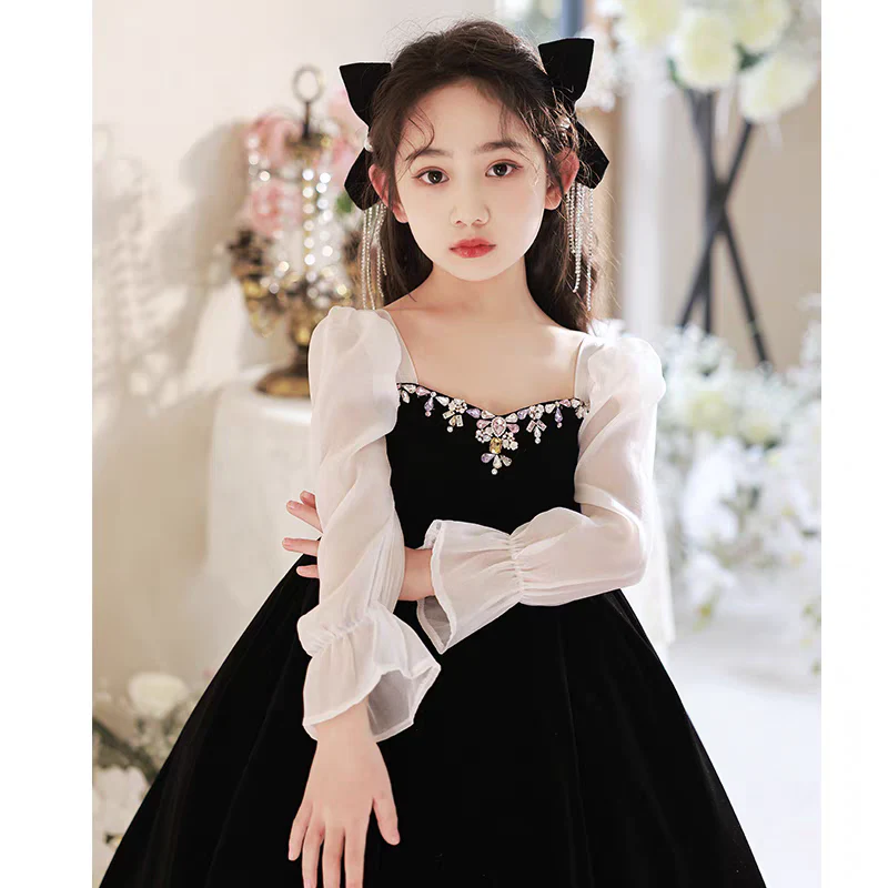 EG-SALE-AME-00143 Handmade Black Princess Dress - High-End Girls' Evening Gown for Birthday, Piano, and Special Occasions - Ame Handmadesg - Image 5