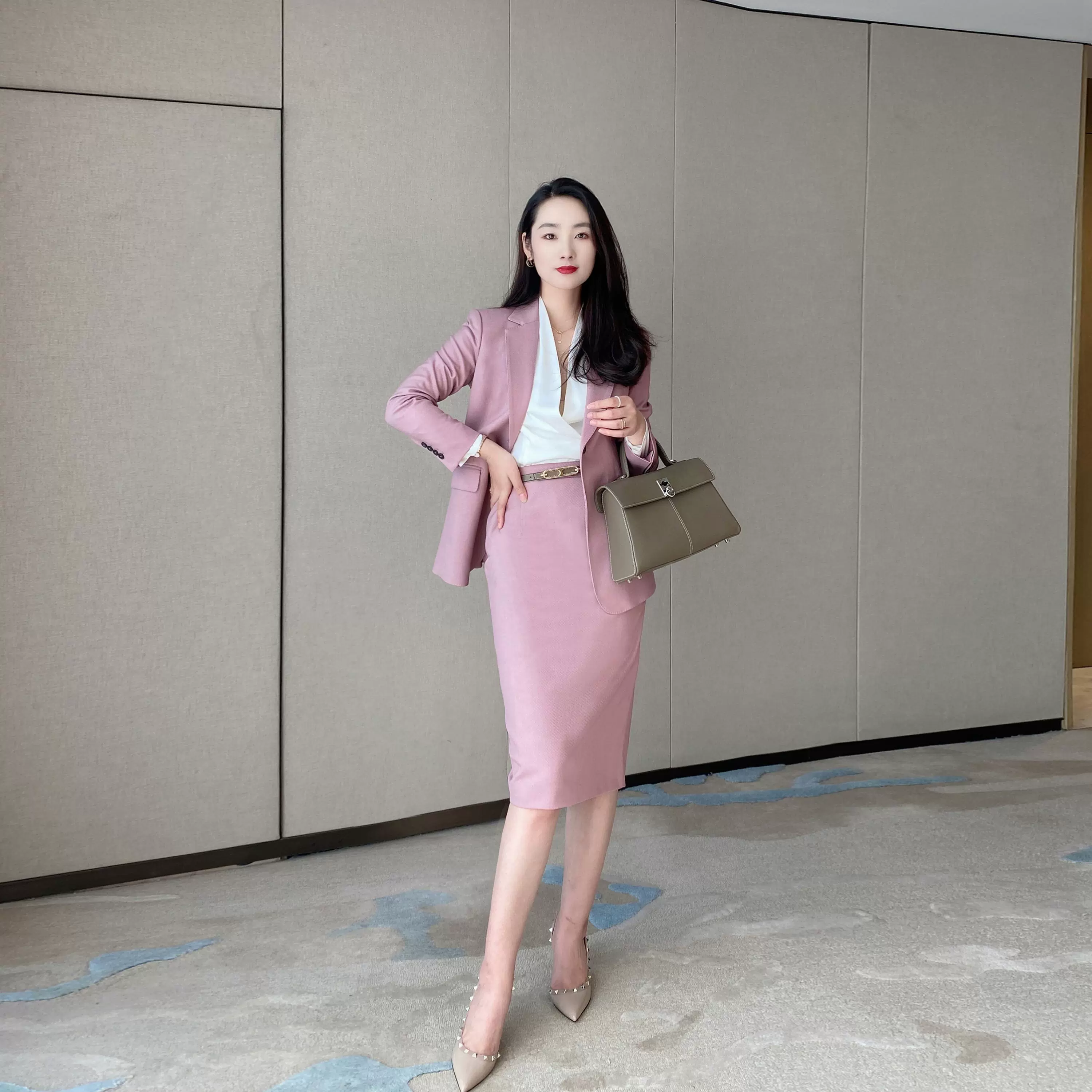 Iceberry Pink Autumn Classic Suit with Fitted Jacket Skirt - Image 2