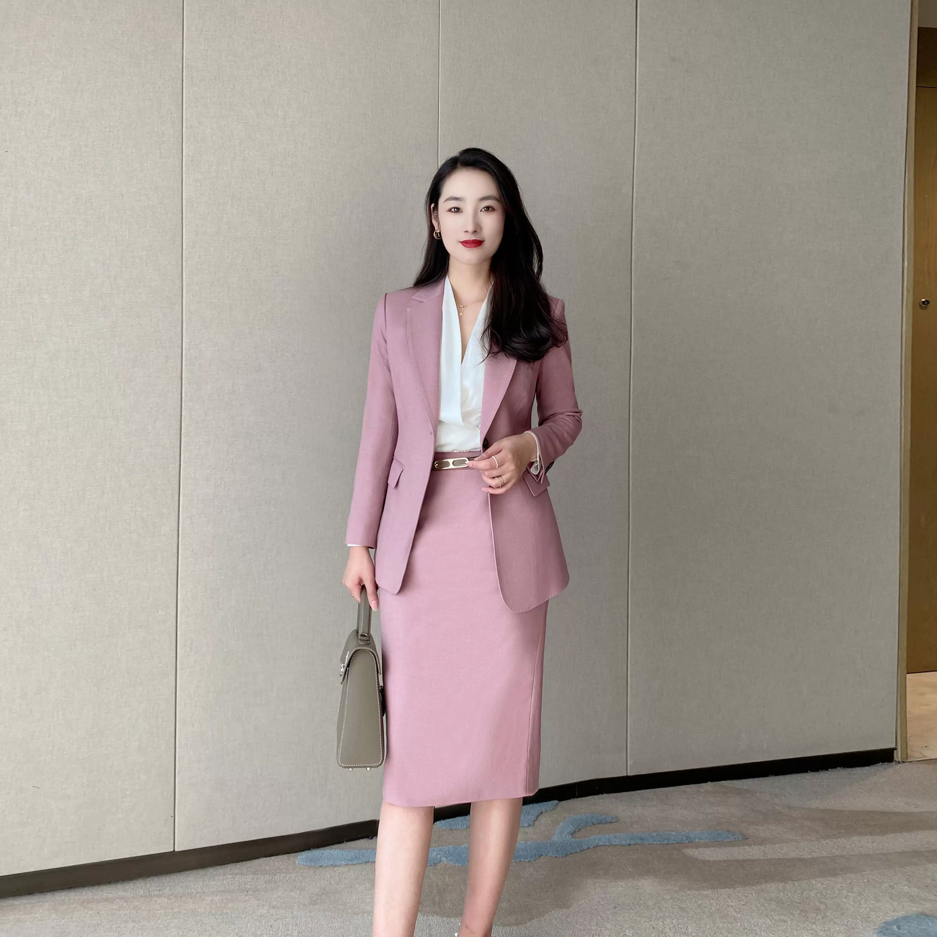 Iceberry Pink Autumn Classic Suit with Fitted Jacket Skirt - Image 3