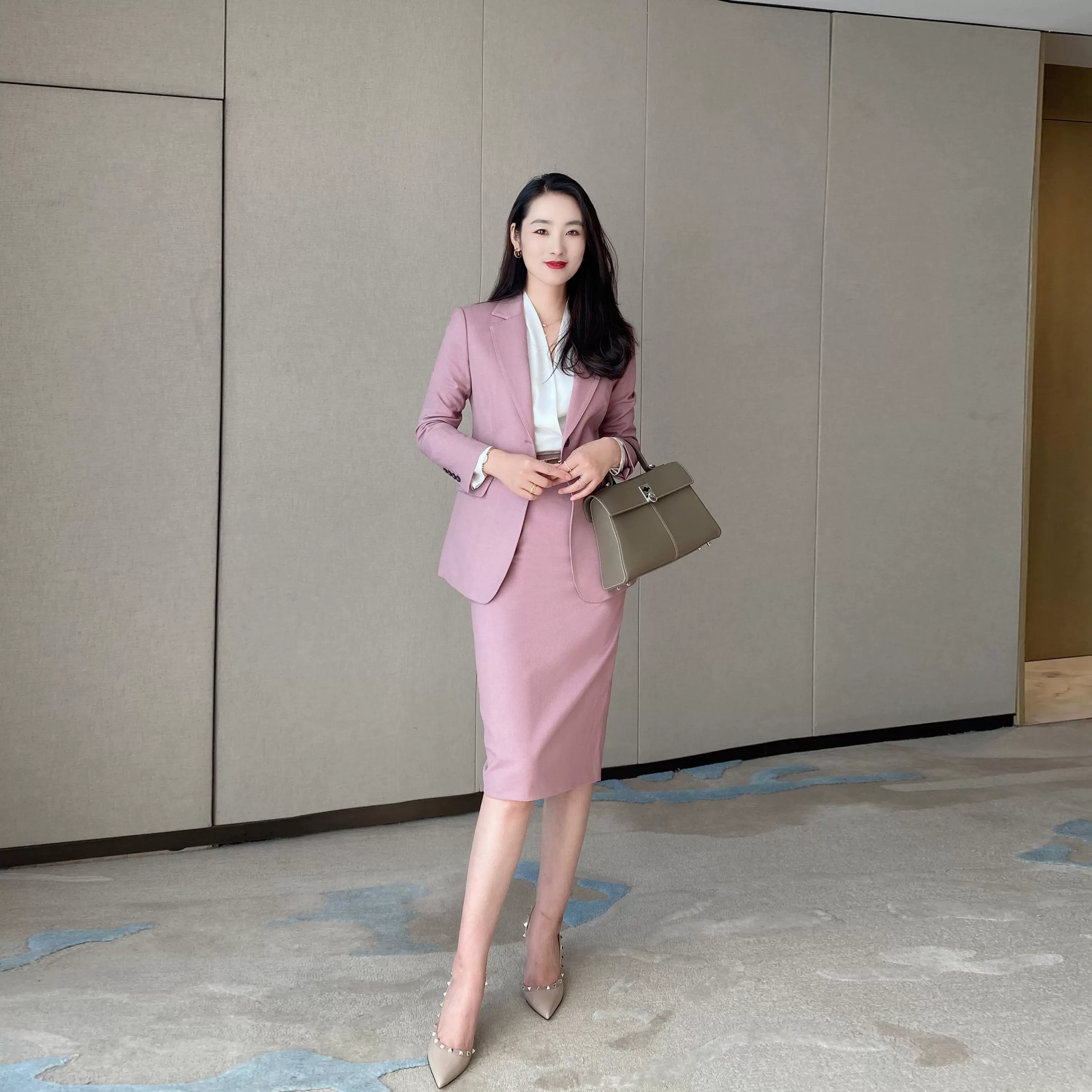 Iceberry Pink Autumn Classic Suit with Fitted Jacket Skirt - Image 4
