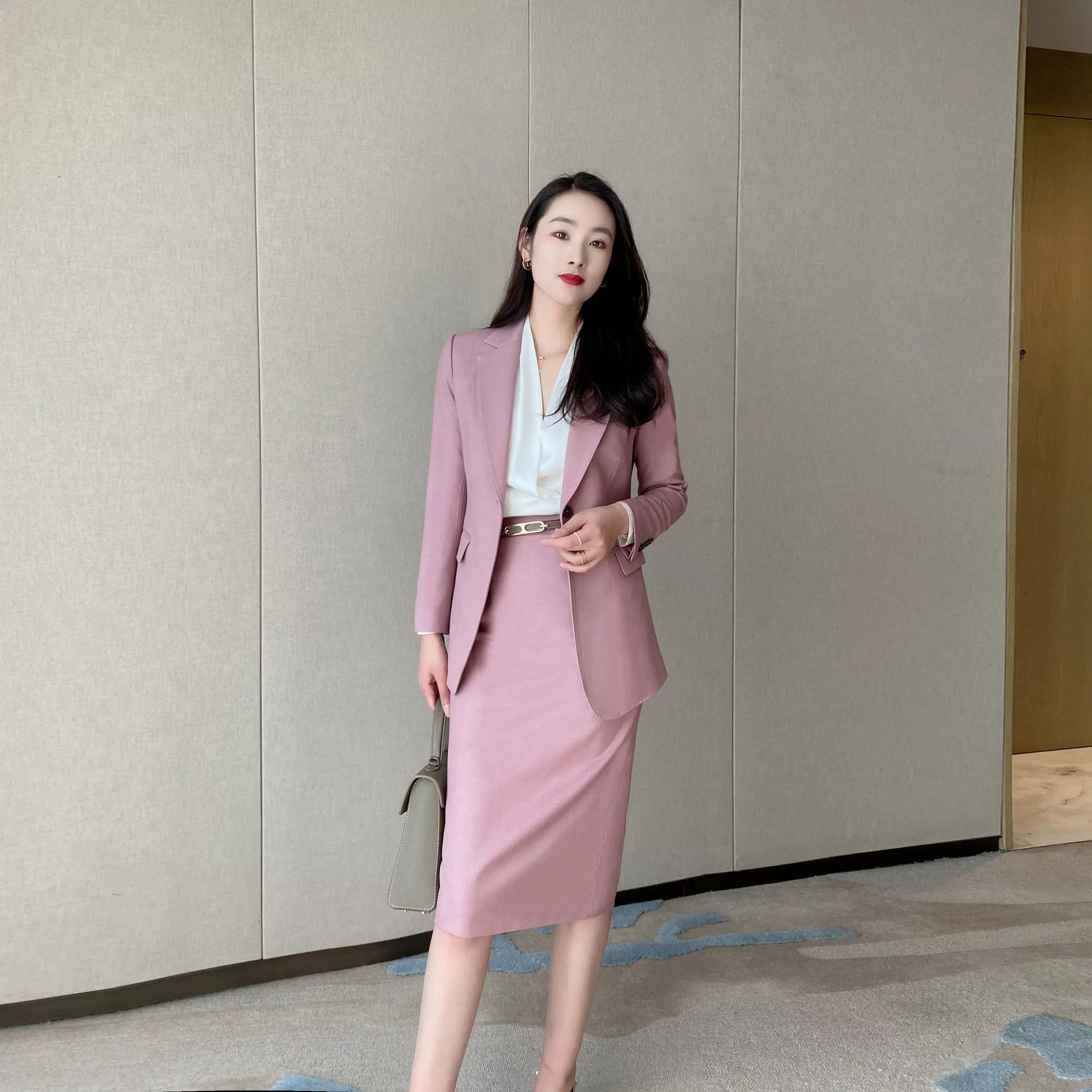 Iceberry Pink Autumn Classic Suit with Fitted Jacket Skirt - Image 5