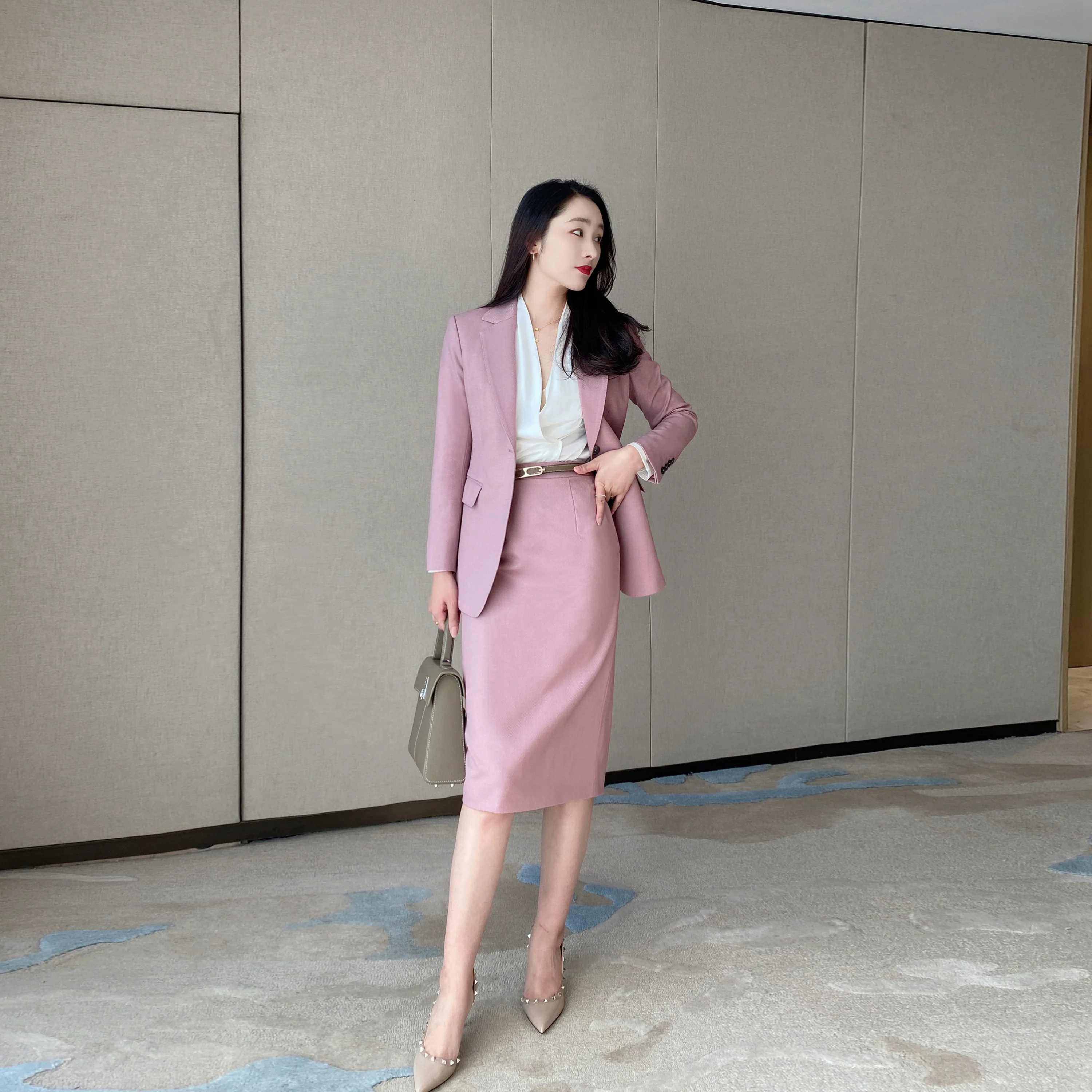 Iceberry Pink Autumn Classic Suit with Fitted Jacket Skirt - Image 6