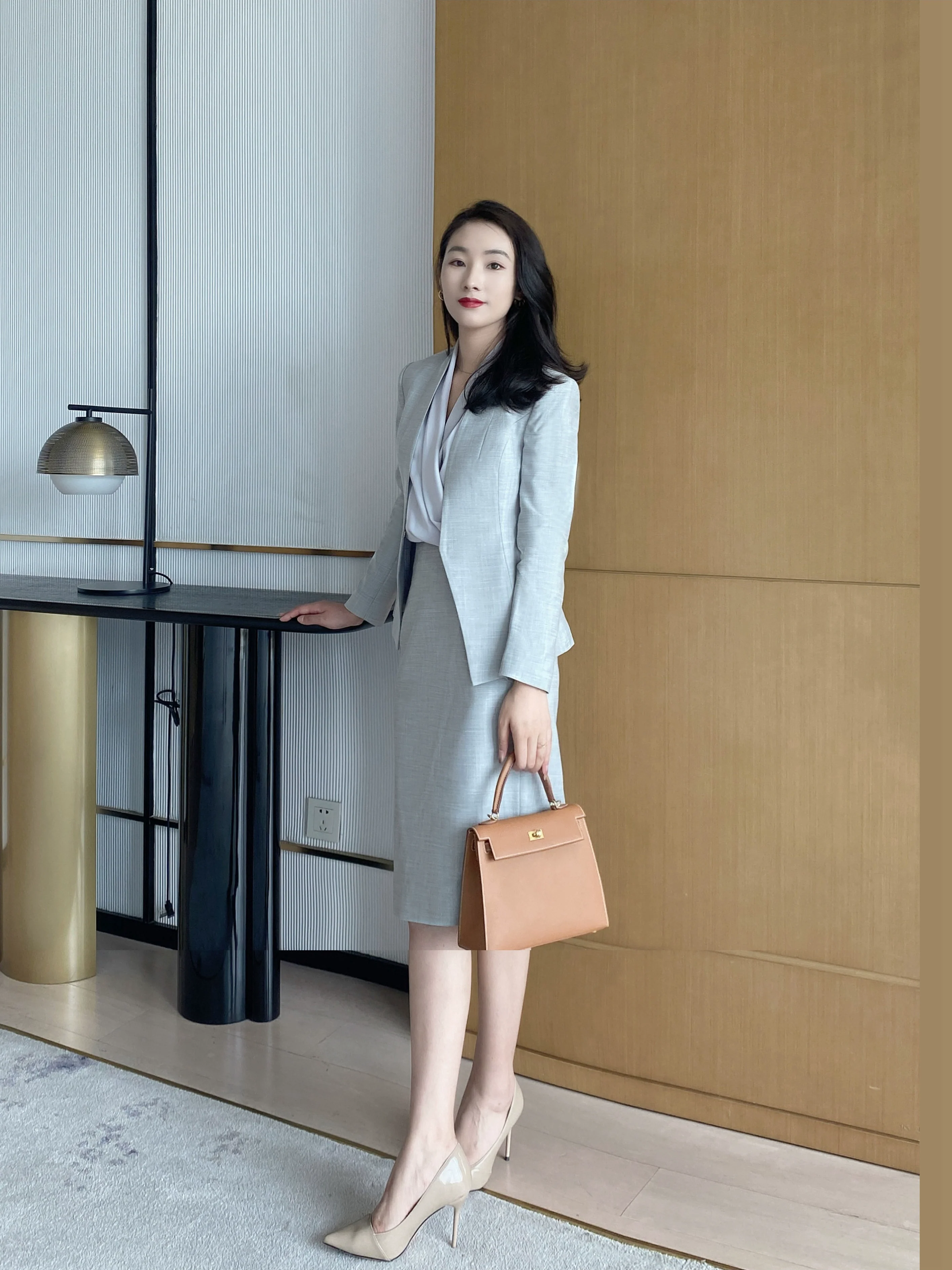 Light Grey Women’s Fitted Business Suit Jacket & Skirt Set - Image 5