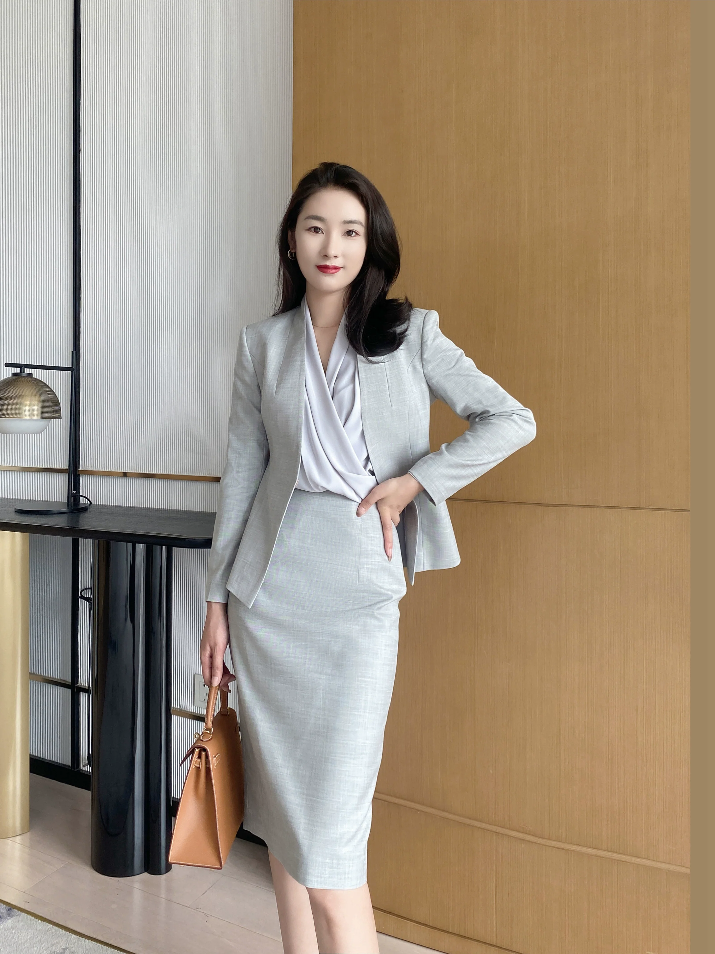 Light Grey Women’s Fitted Business Suit Jacket & Skirt Set - Image 6