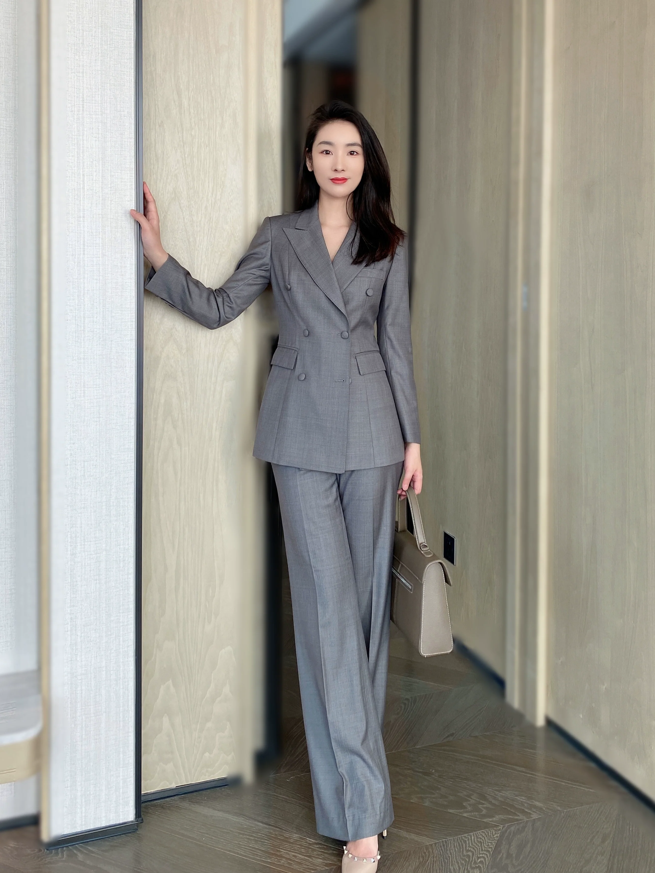 Medium Gray Autumn Classic Women’s Suit Jacket and Trousers Set - Image 6