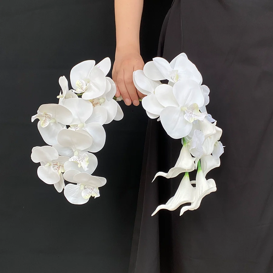 Monochrome Wedding Bouquet Handheld Phalaenopsis Aquatic Flowers - Image 4
